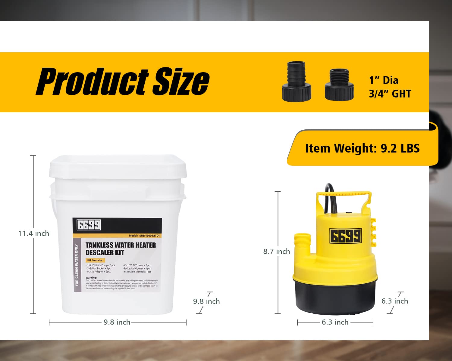 Tankless Water Heater Flushing Kit Includes 1/6HP Submersible Sump Pump with Two Adapters &amp; 3 Gallons Pail with Bucket Lid Opener &amp; Two 1/2” Dia X 6’ PVC Hoses with Washers