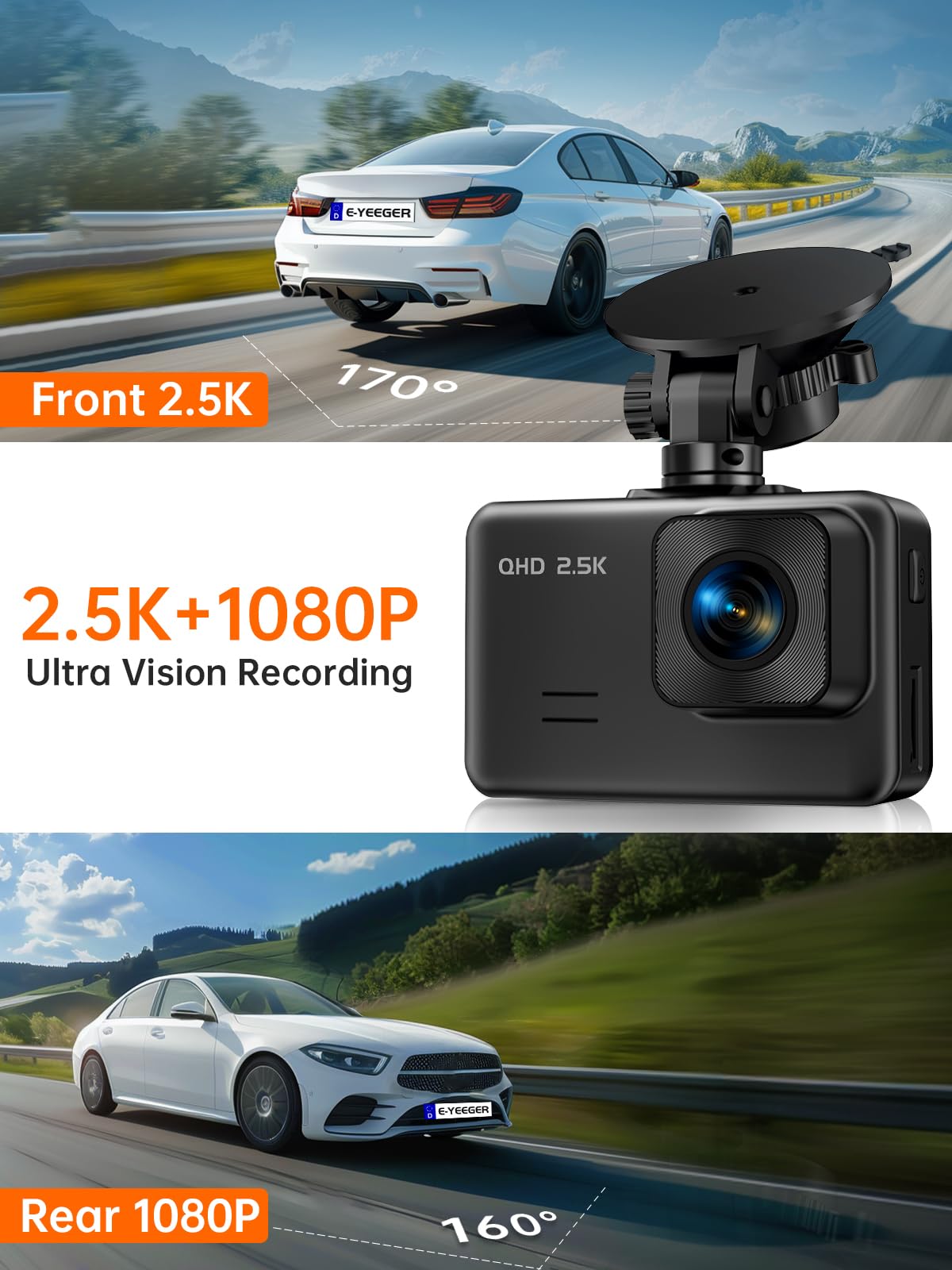 Dash Cam Front and Rear, 2.5K+1080P Dual Dash Camera for Cars, 2’’ Display Mini Car Camera, G-Sensor Dashcam, Night Vision, 24H Parking Mode, Loop Recording, 170°Wide Angle, 32GB Card Included