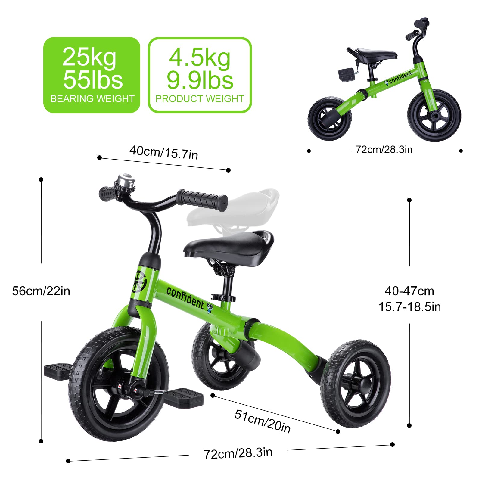 YGJT 3 in 1 Tricycle for Toddlers Age 2-5 Years Old, Folding Kids Balance Bike with Adjustable Seat and Removable Pedal, Toddler Bike Ride-on Toys for Infant, Gifts for Baby Boys Girls(Army Green)