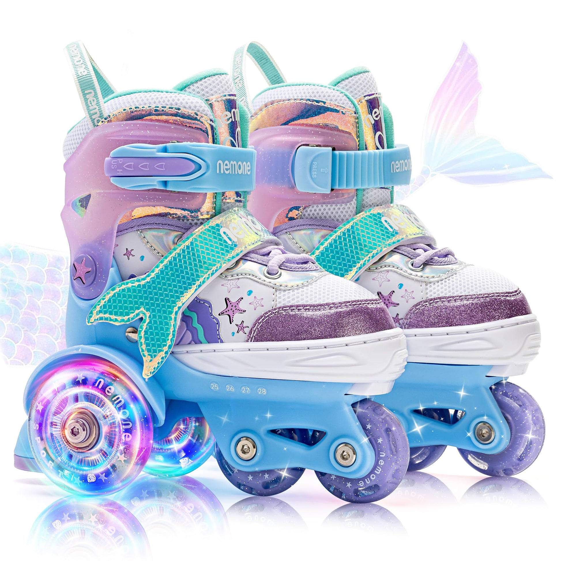 NEMONE Mermaid 4 Size Adjustable Light up Roller Skates for Girls, Purple Blue Skates for Toddlers, Beginner Kids Roller Skates Indoor Outdoor