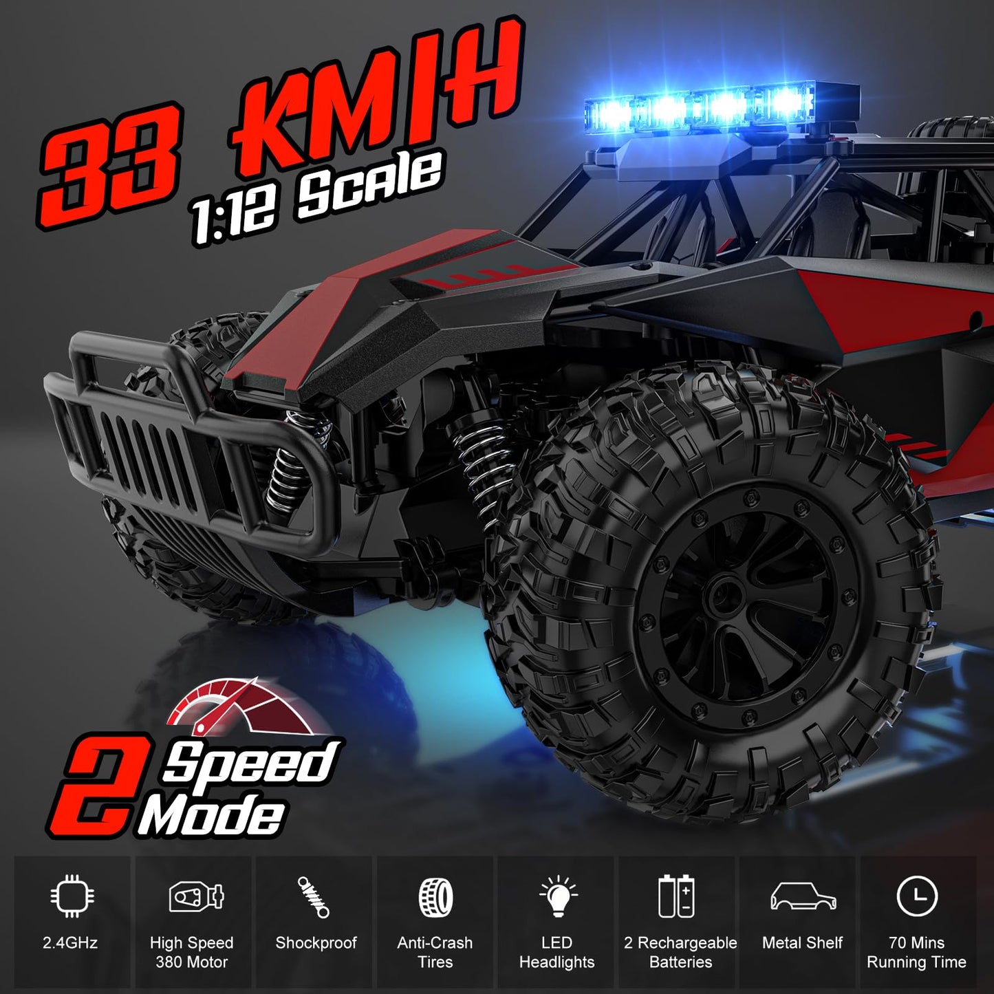 BLUEJAY Remote Control Car, 2.4GHz High Speed 33KM/H RC Cars Toys, 1:12 Monster RC Truck Off Road with LED Headlight and Rechargeable Battery Gifts for Adults Boys 8-12