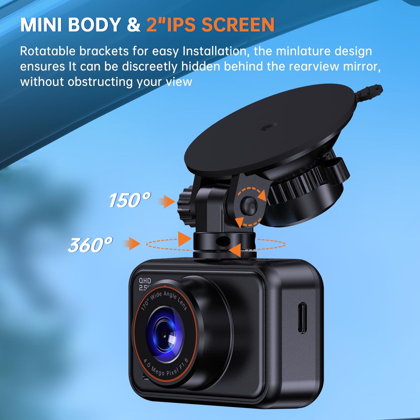 Dash Cam Front and Rear, 2.5K Dual Dash Camera for Cars, 2560P Mini Car Camera, 2 inch IPS Screen, 32GB Card Included, WDR Night Vision, 24 Hours Parking Monitor, G-Sensor, Support 256 GB Max