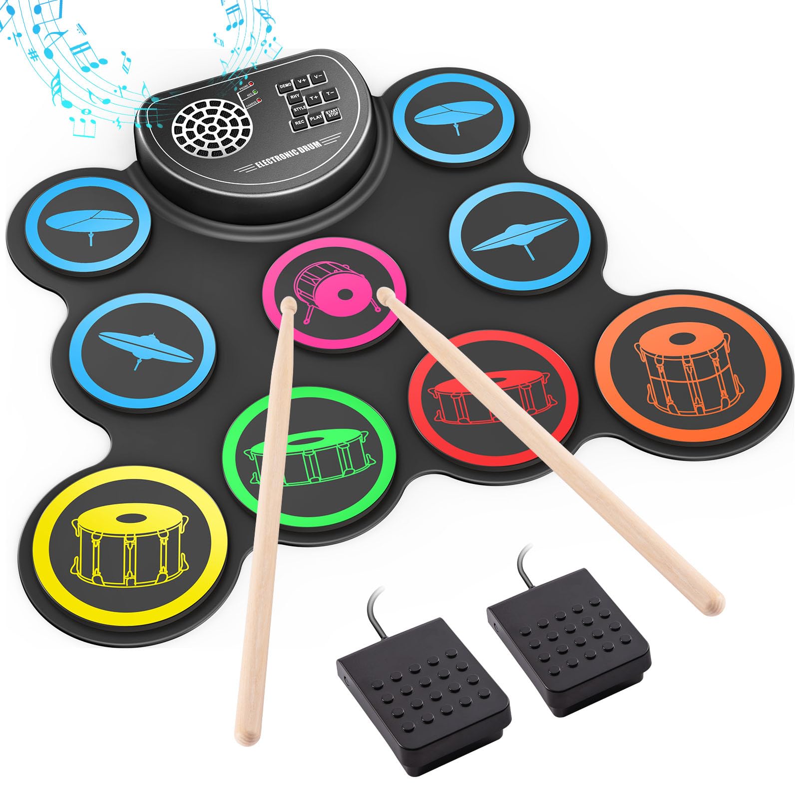 Electronic Drum Set, 9-Drum Practice Pad with Headphone Jack, Roll-up Drum Kit Machine with Built-in Speaker Drum Pedals and Sticks 10 Hours Playtime, Great Christmas Holiday Gifts for Kids