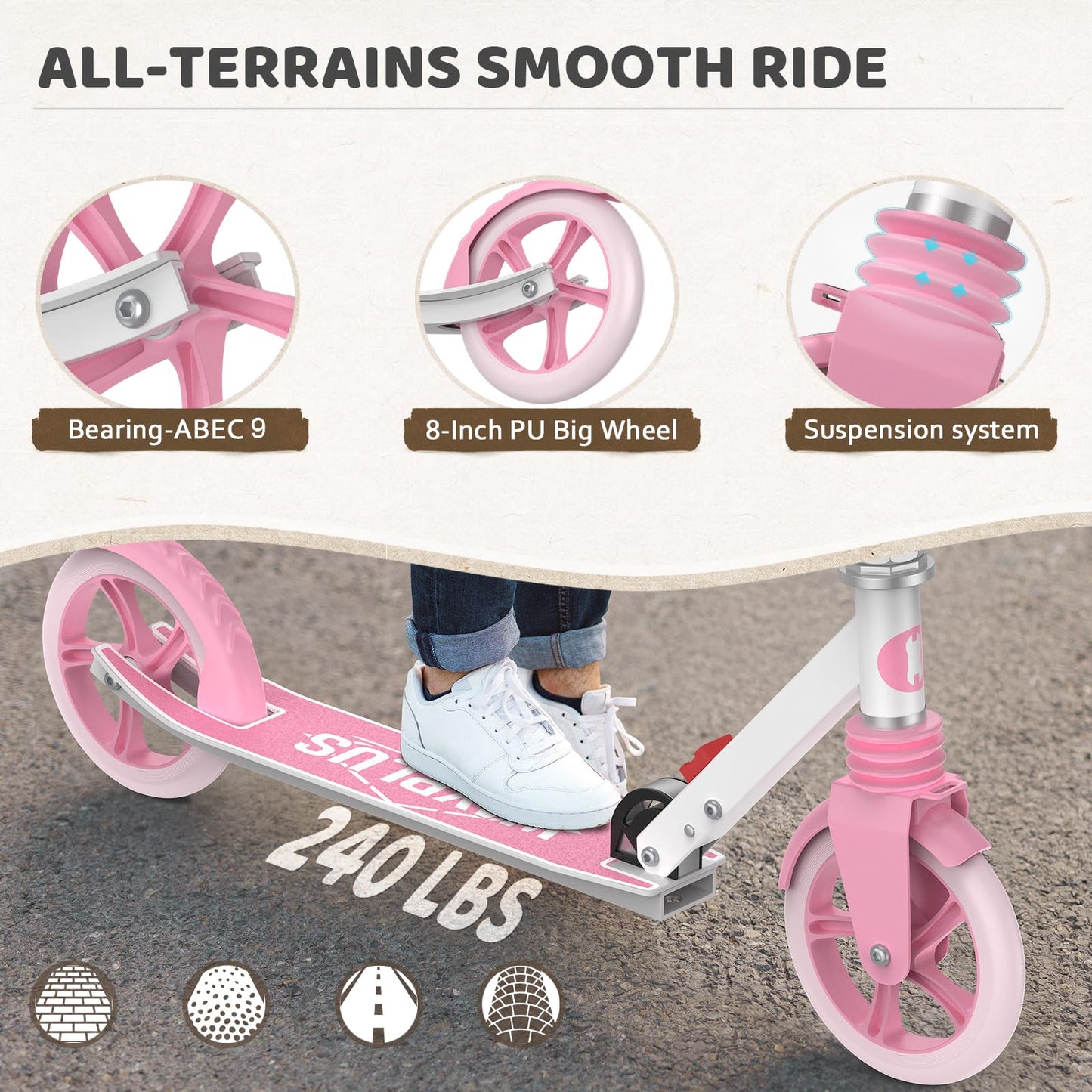 Kick Scooter for Ages 6+,Kid, Teens &amp; Adults. Max Load 240 LBS. Foldable, Lightweight, 8IN Big Wheels for Kids, Teen and Adults, 4 Adjustable Levels. Bearing ABEC9