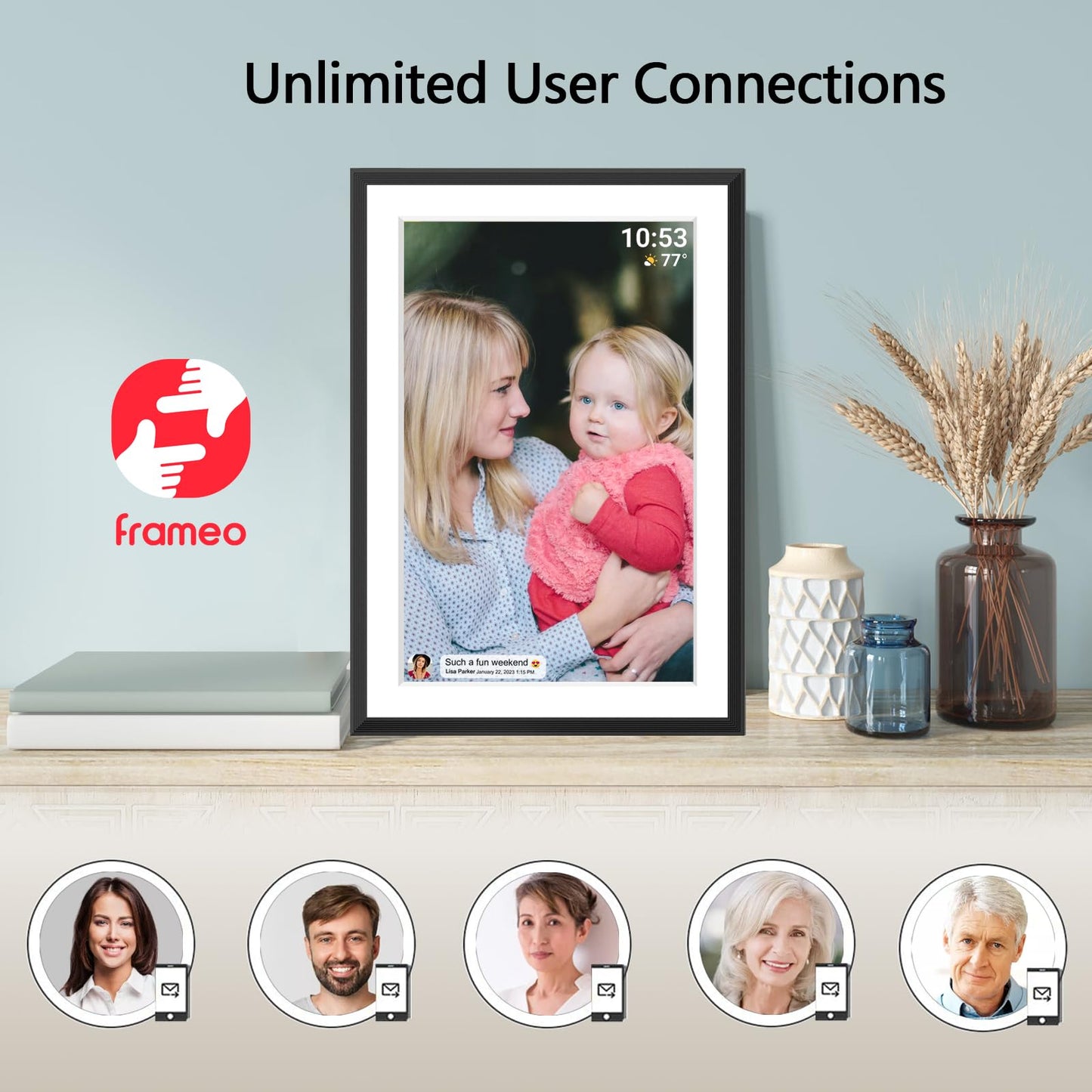 FRAMEO Digital Photo Frame WiFi 32GB 10.1 Inch 1280x800 IPS Touch Screen Digital Picture Frame Easy Setup Share Photo or Video via Frameo APP