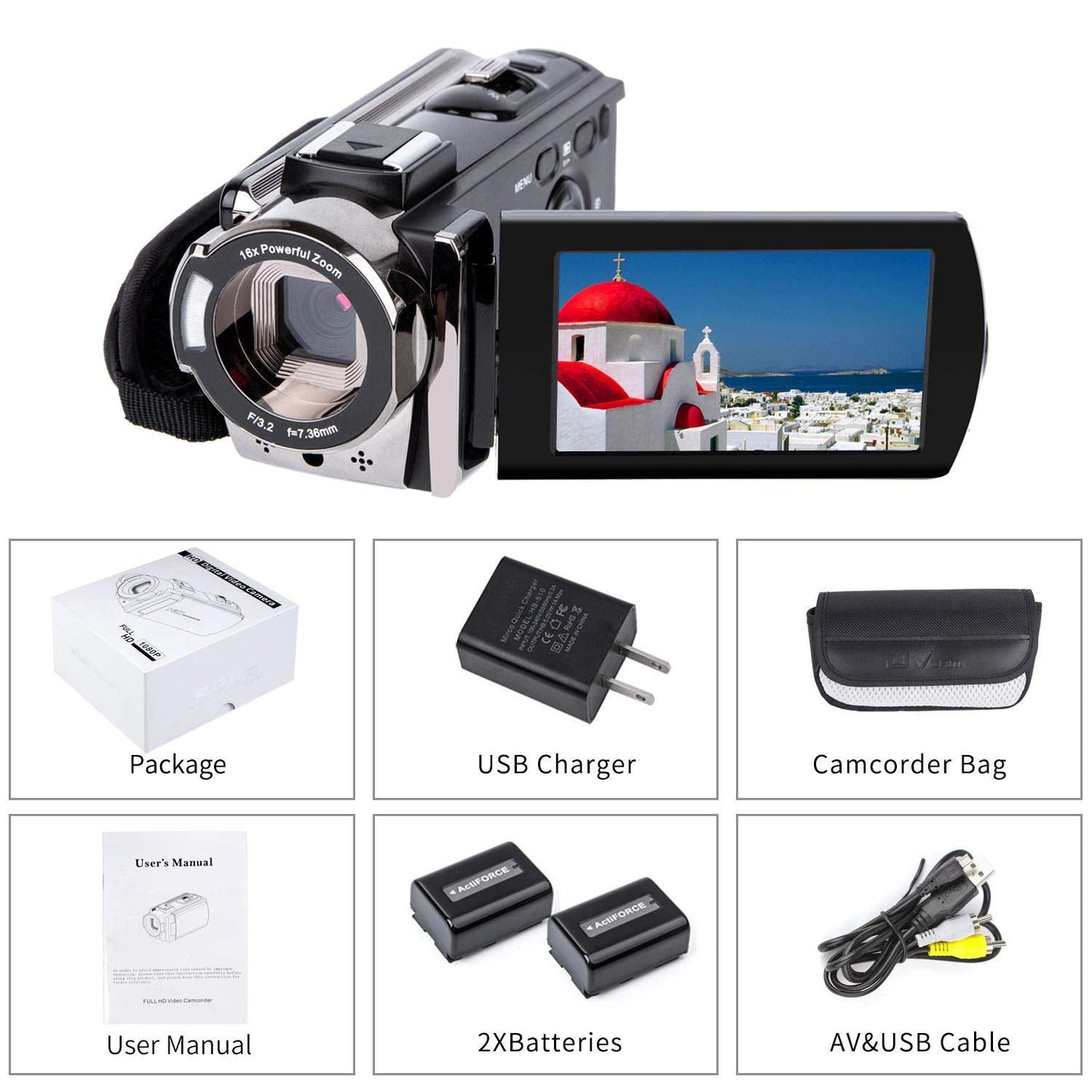 Video Camera Camcorder Digital Camera Recorder Full HD 1080P 15FPS 24MP 3.0 Inch 270 Degree Rotation LCD 16X Zoom Camcorder with 2 Batteries(604s)