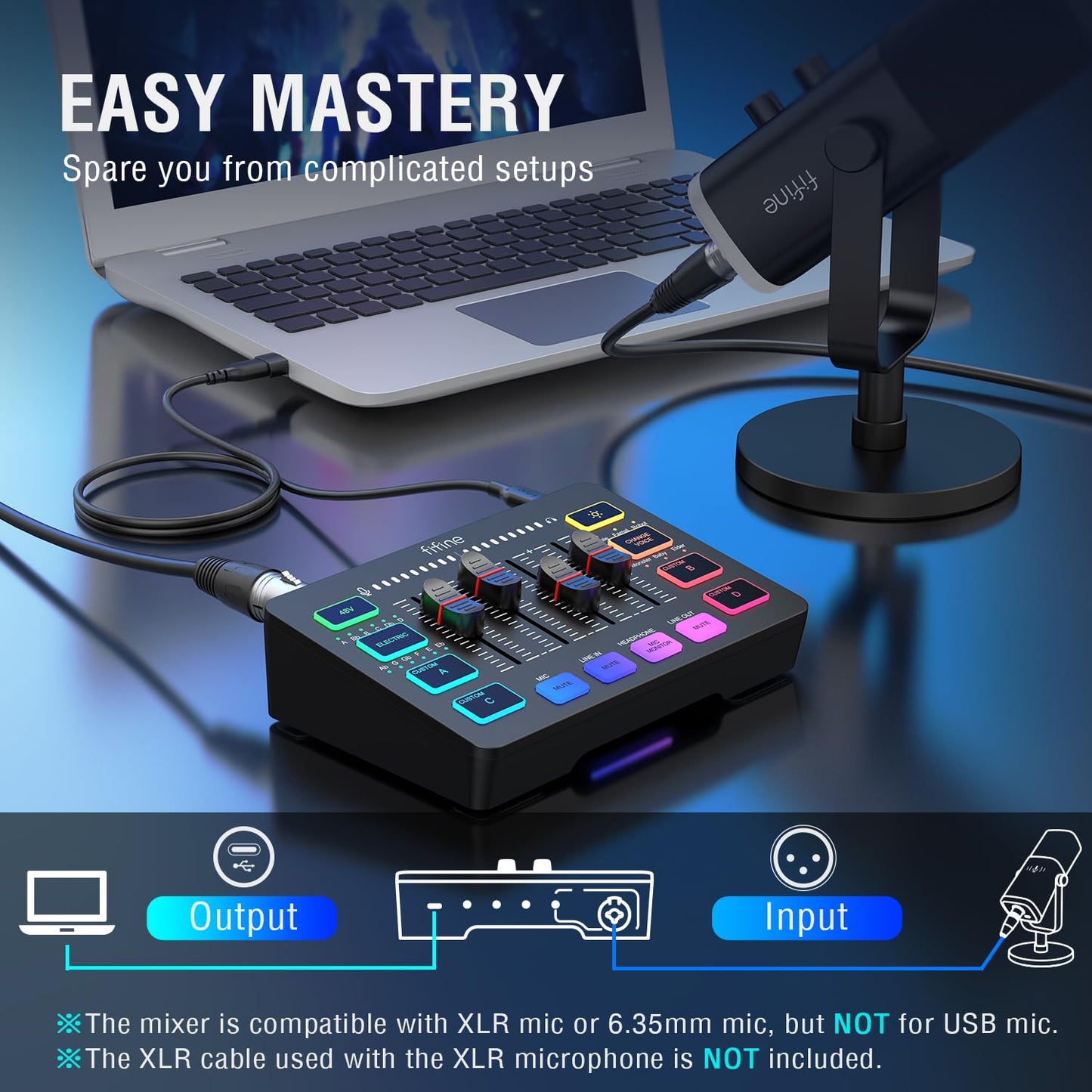 FIFINE Gaming Audio Mixer, Streaming RGB PC Mixer with XLR Microphone Interface, Individual Control, Volume Fader, Mute Button, 48V Phantom Power, for Podcast/Recording/Vocal/Game Voice-AmpliGame SC3