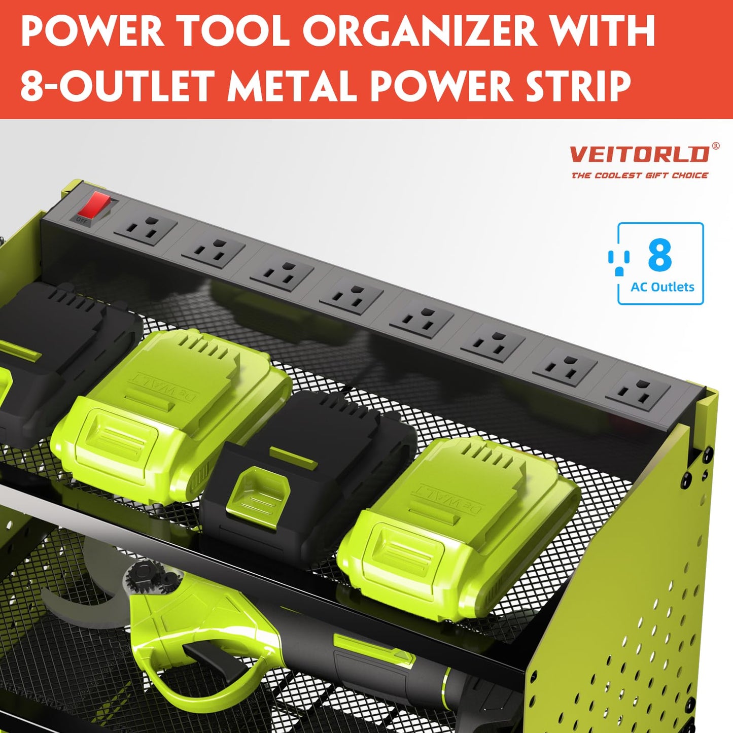 Veitorld Power Tool Organizer with Charging Station, Garage Tool Storage Organizer Built in 8 Outlet Power Strip with Drawers, 6 Drill Holder Wall Mount, Gifts for Men Dad Husband Him Fathers Day