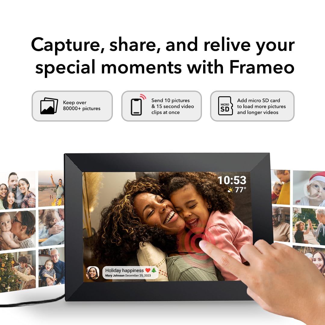 Frameo 10.1 Inch WiFi Digital Picture Frame with 1280 * 800P IPS Touch Screen HD Disply,Video Clips and Slide Show,Auto-Rotate, Wall Mountable,Send Photos Instantly from Anywhere with via Frameo APP