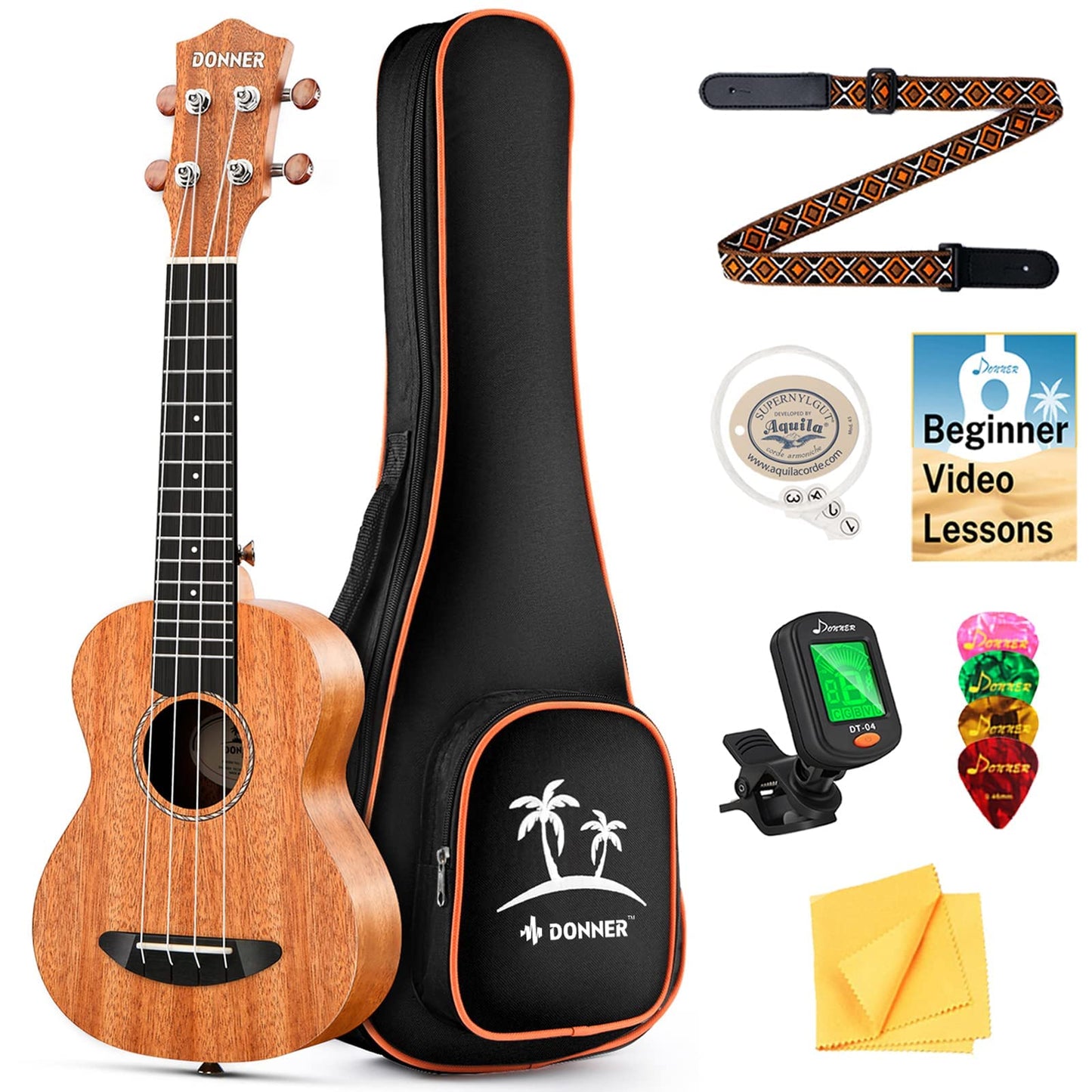 Donner Soprano Ukulele Mahogany Wood 21 inch Ukelele Beginner Kit with Free Online Lesson Gig Bag Strap Nylon String Tuner Picks Ukalalee Yukalalee Bundle Pack DUS-200