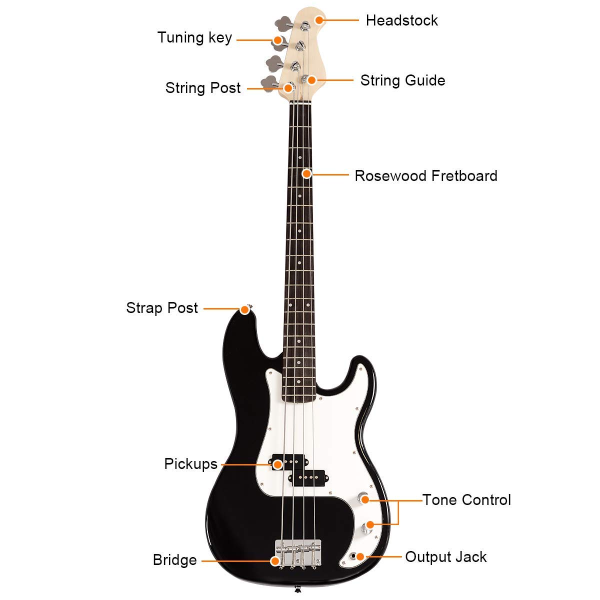 Costzon Full Size Electric 4 String Bass Guitar for Beginner Starter Complete Kit, Rose Fingerboard and Bridge, w/Two Pickups &amp; Two Tone Control, Guitar Bag, Strap, Guitar Pick, Amp Cord (Black Bass)