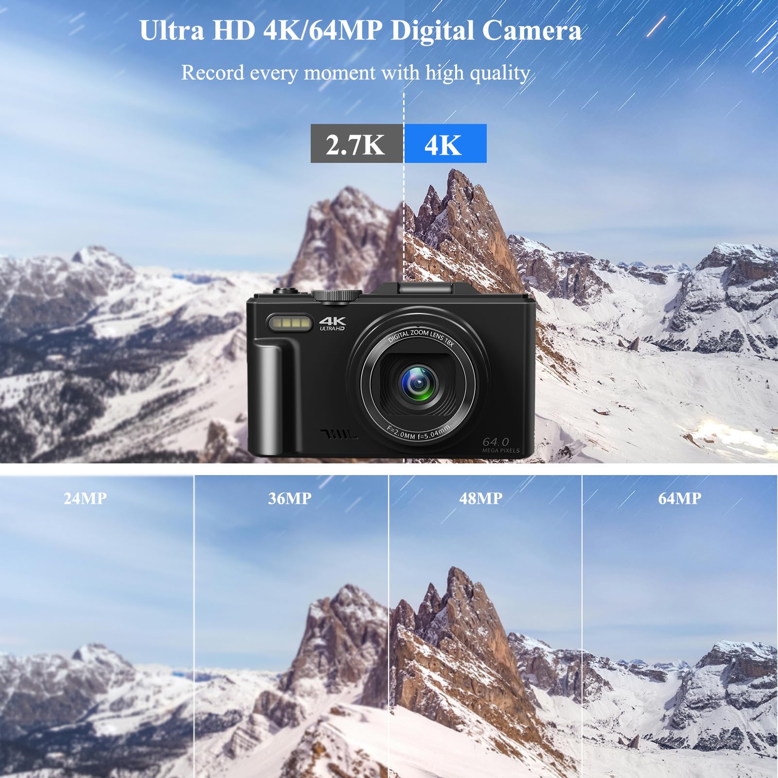 Digital Camera for Photography, WiFi 64MP 4K Vlogging Camera for YouTube, 3" 180° Flip Screen 18X Digital Zoom Compact Vlog Travel Camera with 32GB TF Card &amp; 2 Batteries, Black