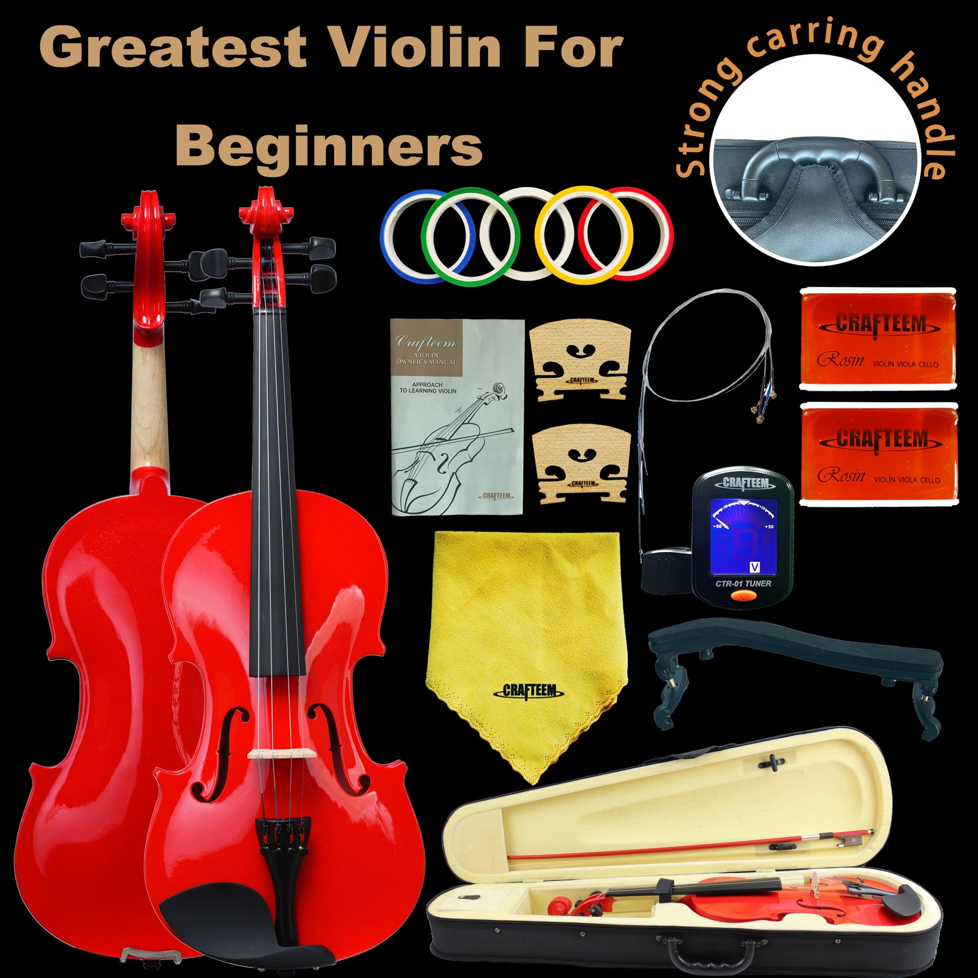 1/2 Fiddle Black Colored Premium Violin Outfit for Beginners Adults Kids With 5 Color Fingering Tape- Handcrafted Student Beginner Violin.(Black, 1/2)