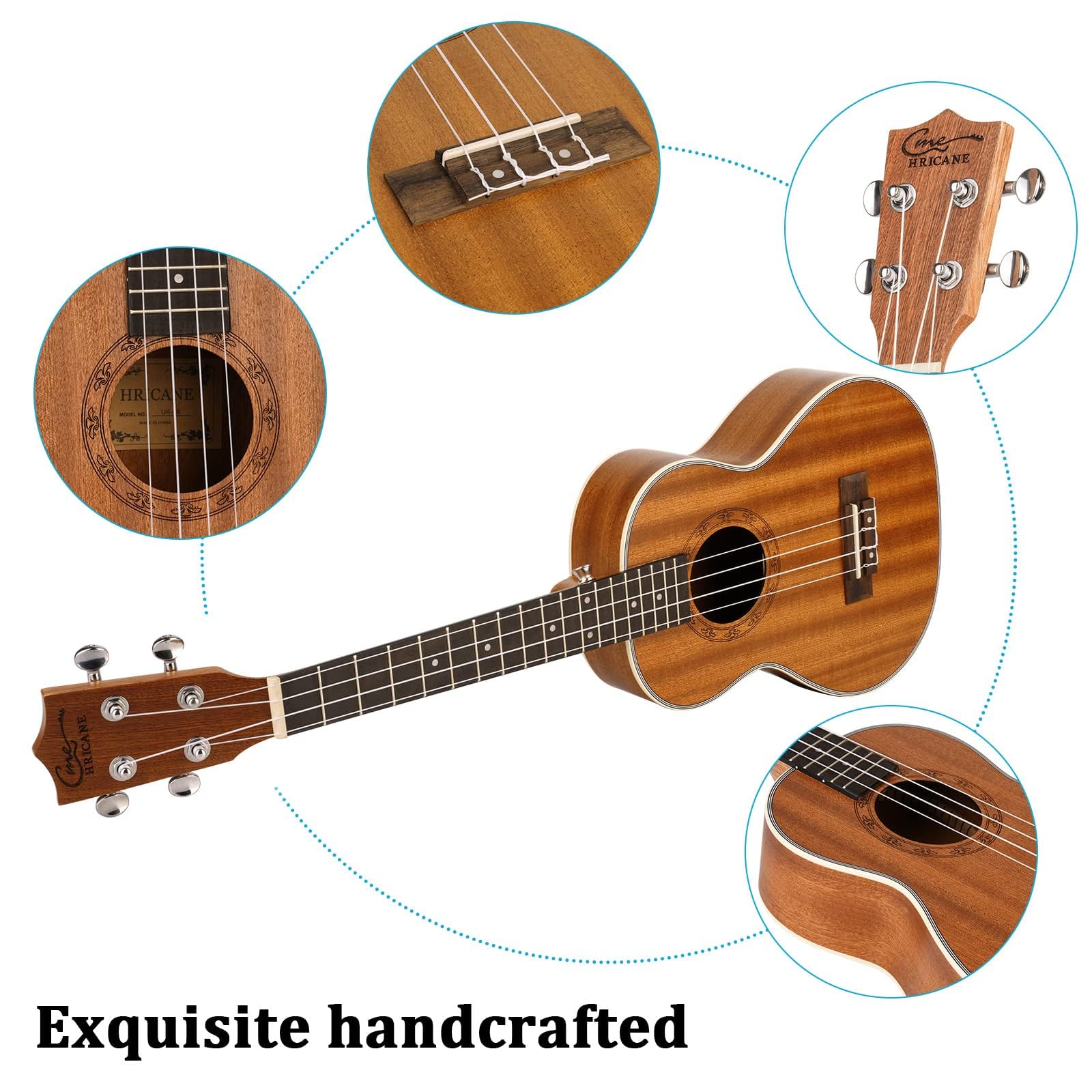 Hricane Ukulele, Concert Ukulele Koa 23 Inch Professional Ukulele Kit for Adults &amp; Beginners with Gig Bag, Strap, Nylon String, Tuner, Guitar Picks, Cleaning Cloth