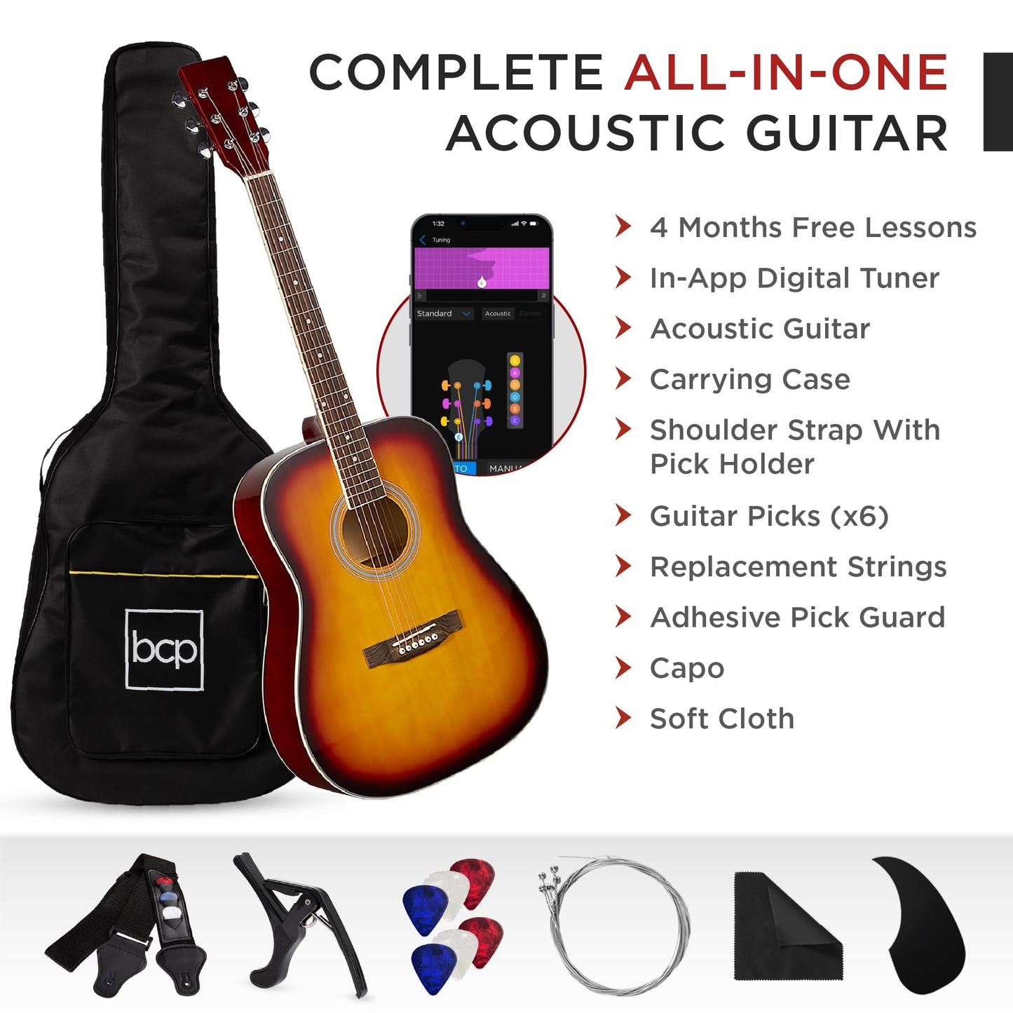 Best Choice Products 41in Full Size Beginner All Wood Acoustic Guitar Starter Set w/Gig Bag, Strap, Capo, Strings, Picks - Black