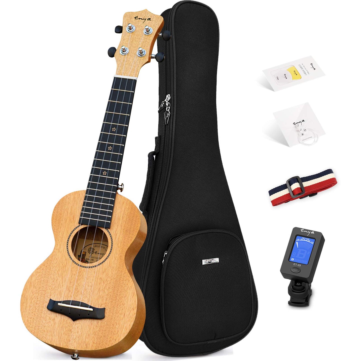 Enya Concert Ukulele 23 Inch Blue Solid Mahogany Top with Ukulele Starter Kit Includes Online Lessons, Tuner,Case, Strap, Strings, Capo, Sand Shaker, Pick,Polish Cloth (EUC-25D BU)