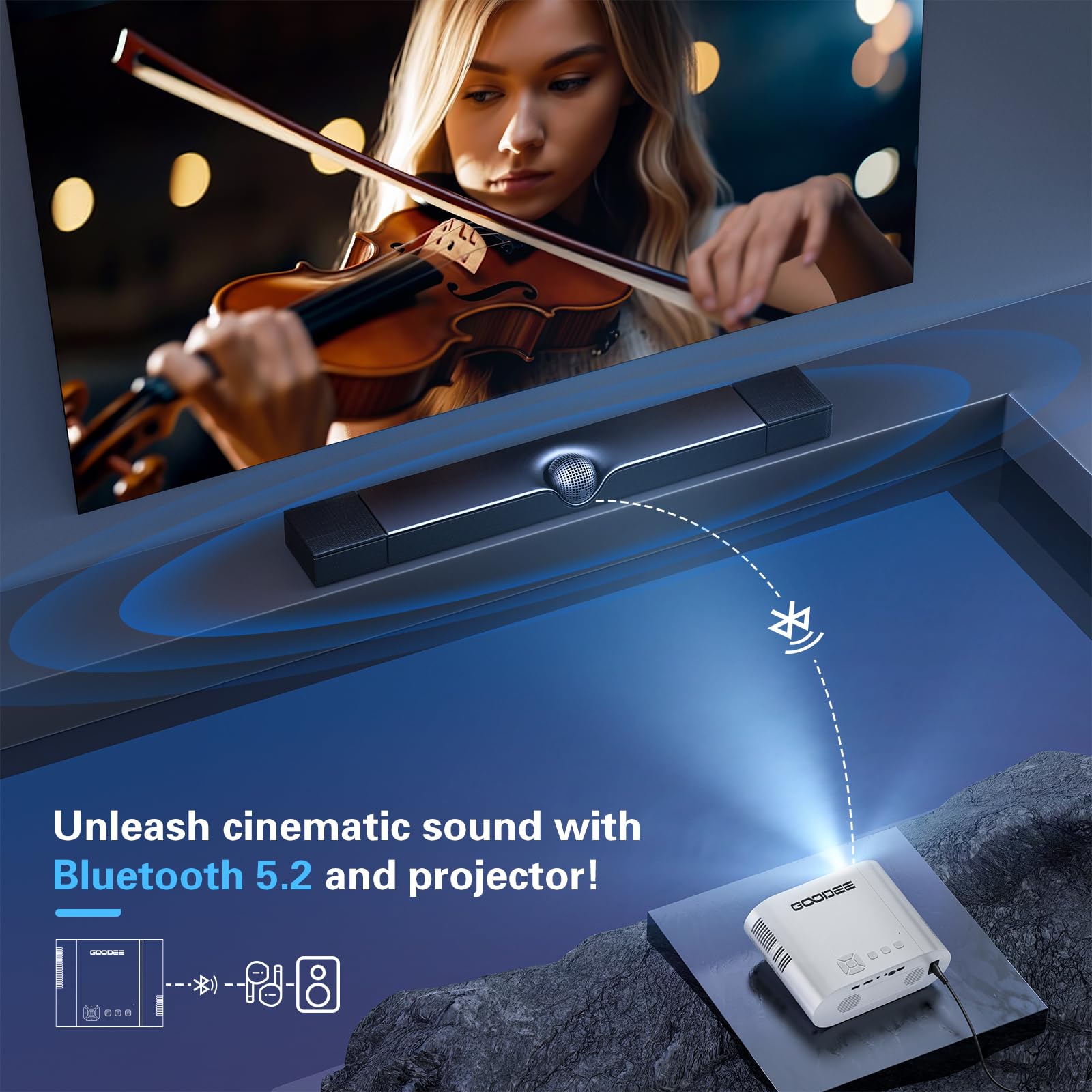 4K Projector, GooDee Projector with WiFi and Bluetooth, Mini Projector with Auto Keystone and Remote Focus, Native 1080P Home Theater Movie Projector Compatible with Phone/Laptop/TV Stick/Game/PPT