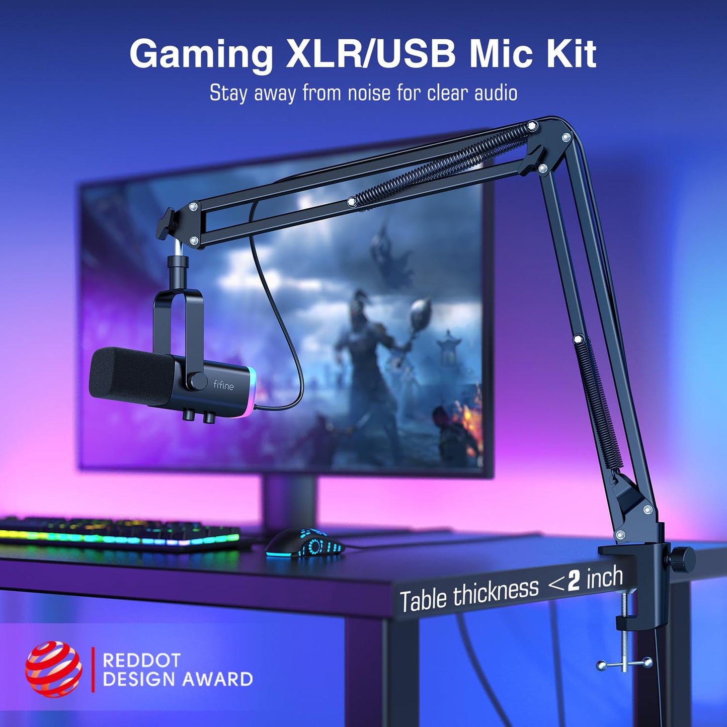 FIFINE XLR/USB Gaming Microphone Set, Dynamic PC Mic for Streaming Podcasting, Computer RGB Mic Kit with Boom Arm Stand, Mute Button, Headphones Jack, for Recording Vocal Voice-Over-AmpliGame AM8T