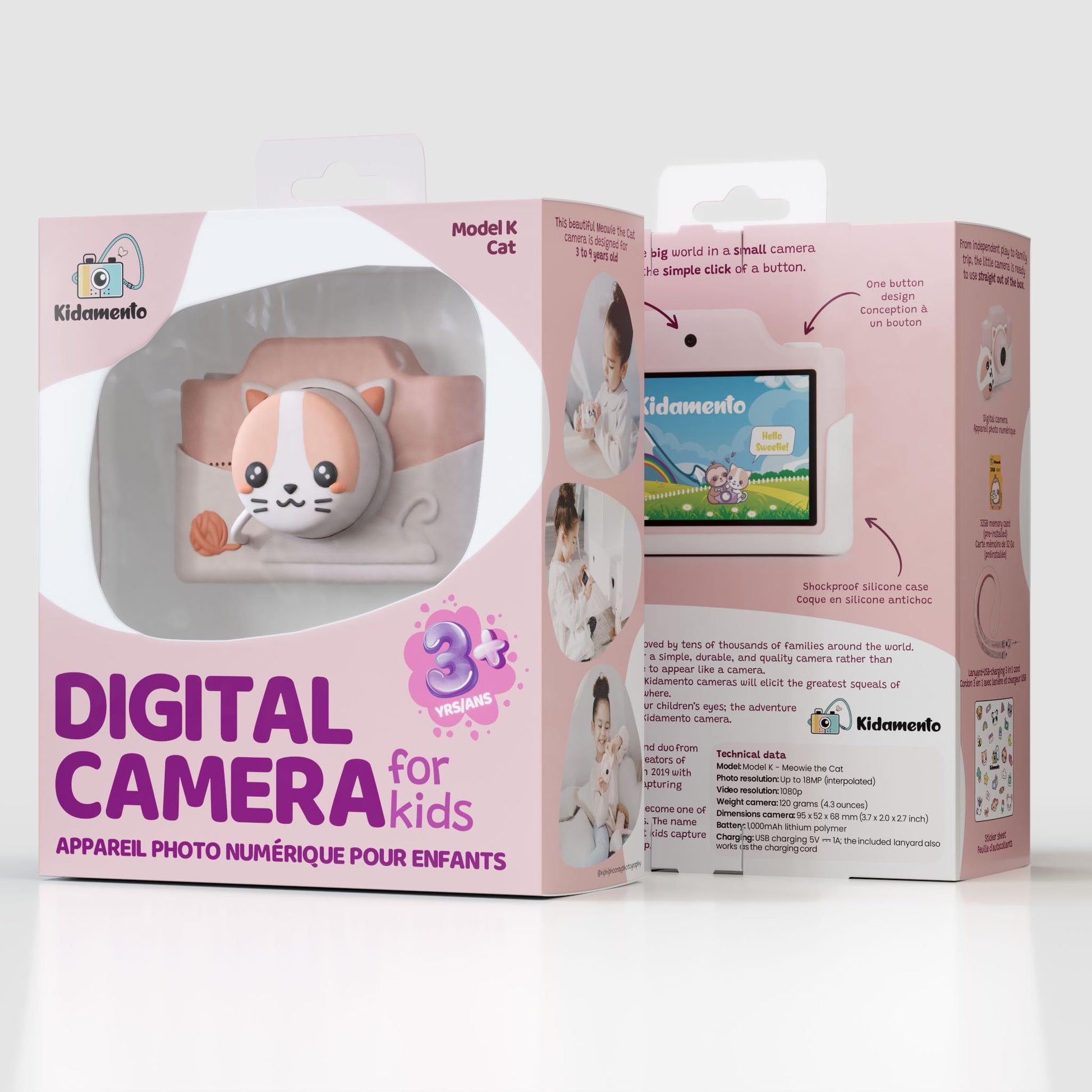 Kidamento Kids Digital Camera &amp; Video Camcorder with Touchscreen, Soft Silicone Casing, Detachable Lens Cap, 32GB Memory Card - Model K Meowie The Cat