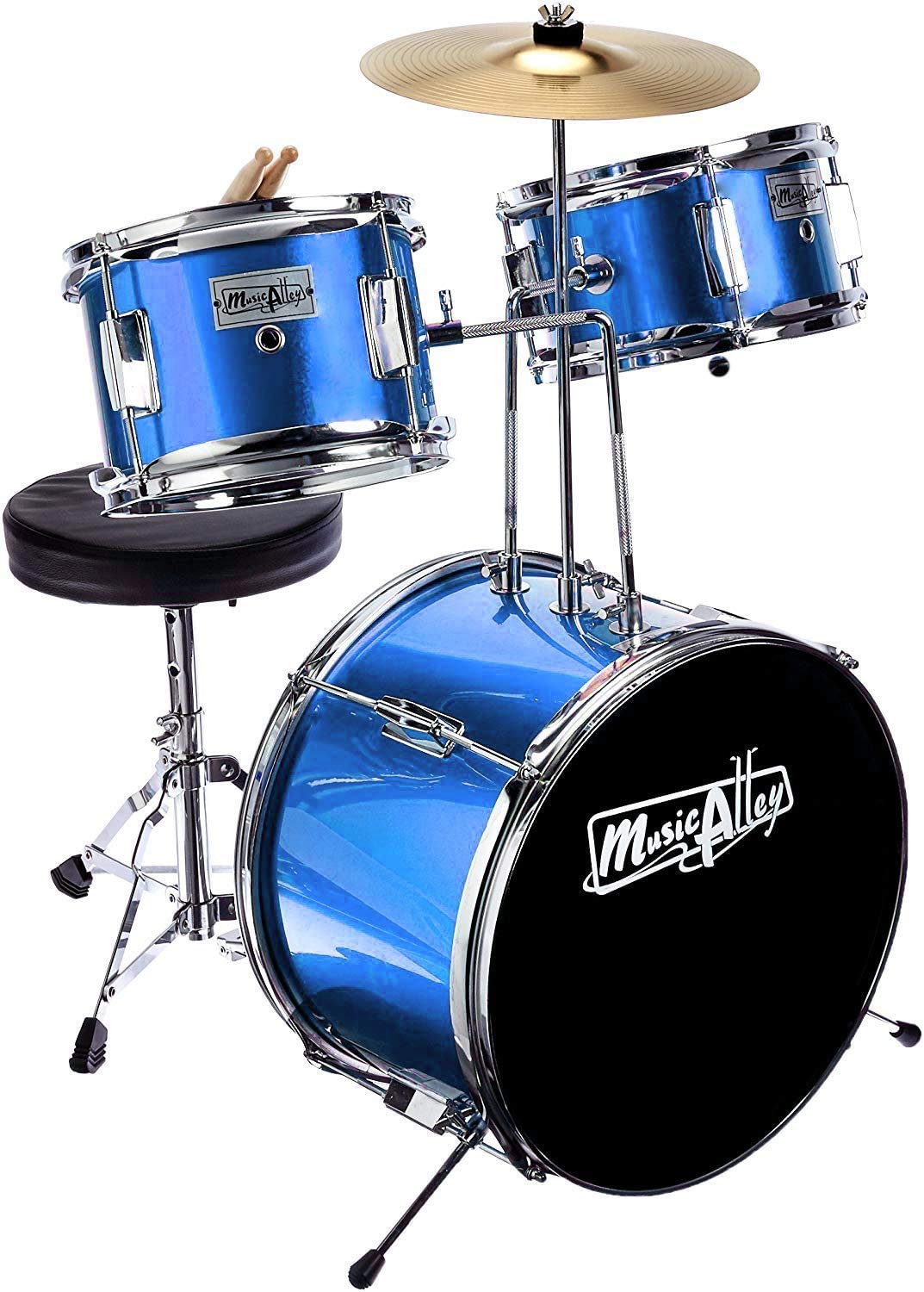 Music Alley 3 Piece Kids Drum Set with Throne, Cymbal, Pedal &amp; Drumsticks, Blue, (DBJK02)