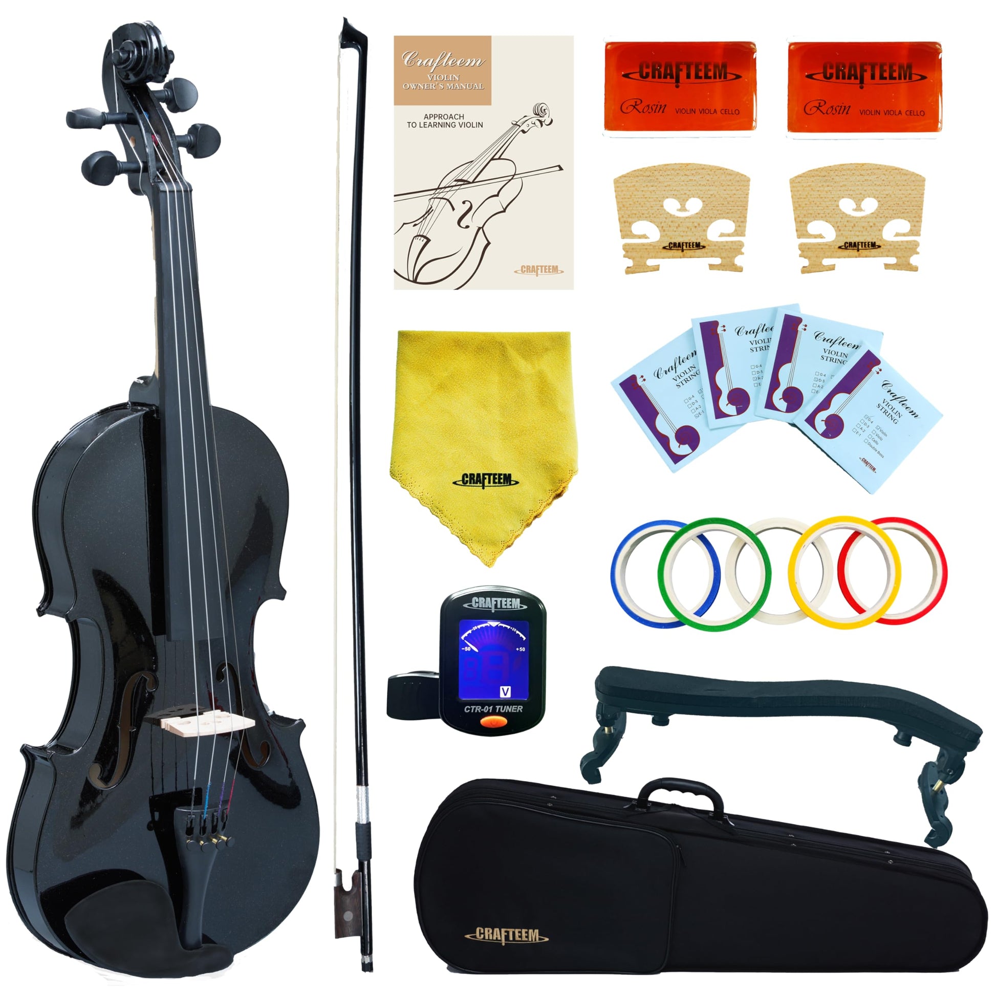 1/2 Fiddle Black Colored Premium Violin Outfit for Beginners Adults Kids With 5 Color Fingering Tape- Handcrafted Student Beginner Violin.(Black, 1/2)