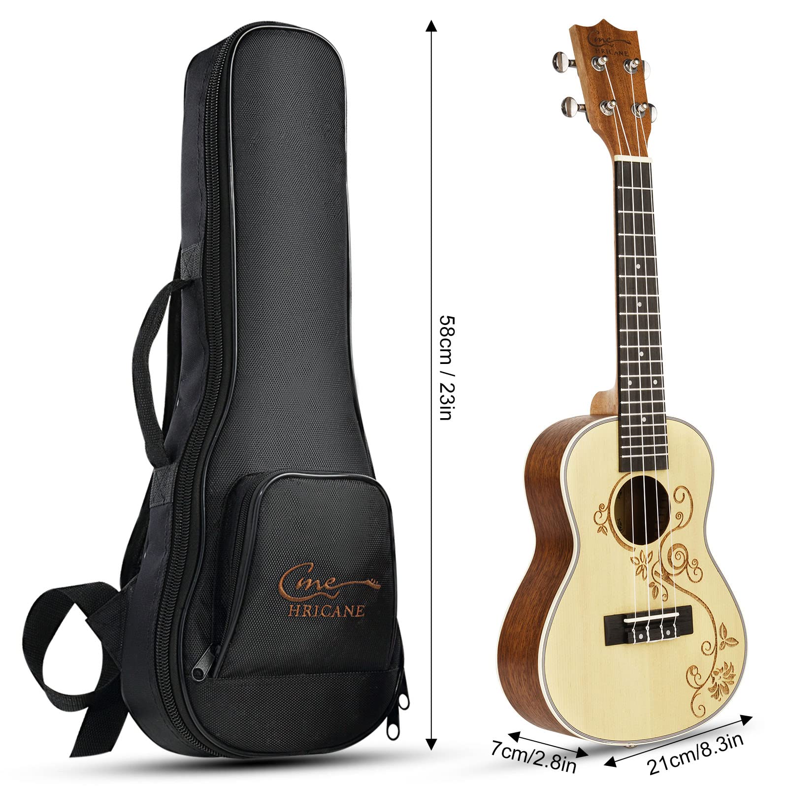 Hricane Ukulele, Concert Ukulele Koa 23 Inch Professional Ukulele Kit for Adults &amp; Beginners with Gig Bag, Strap, Nylon String, Tuner, Guitar Picks, Cleaning Cloth