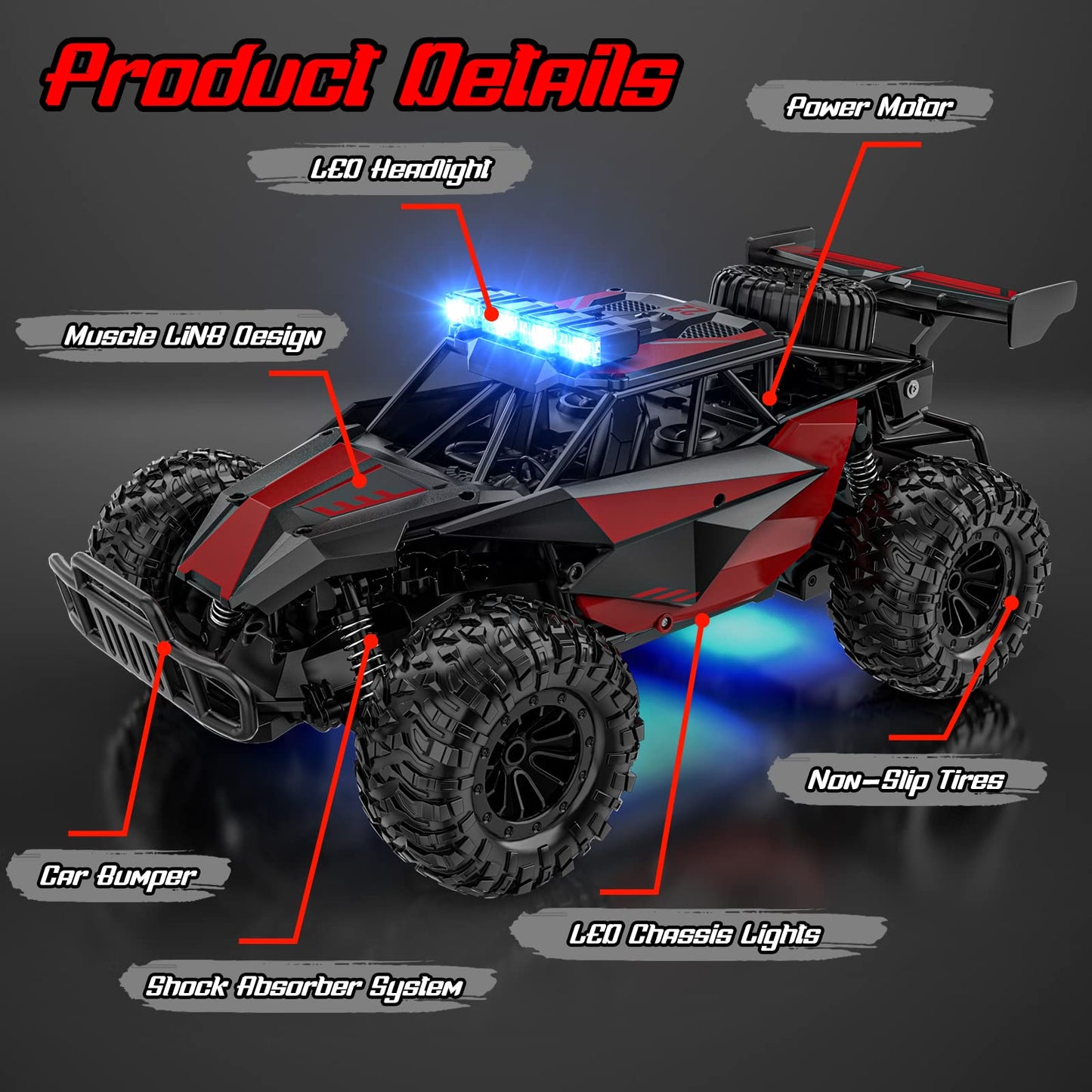 BLUEJAY Remote Control Car, 2.4GHz High Speed 33KM/H RC Cars Toys, 1:12 Monster RC Truck Off Road with LED Headlight and Rechargeable Battery Gifts for Adults Boys 8-12