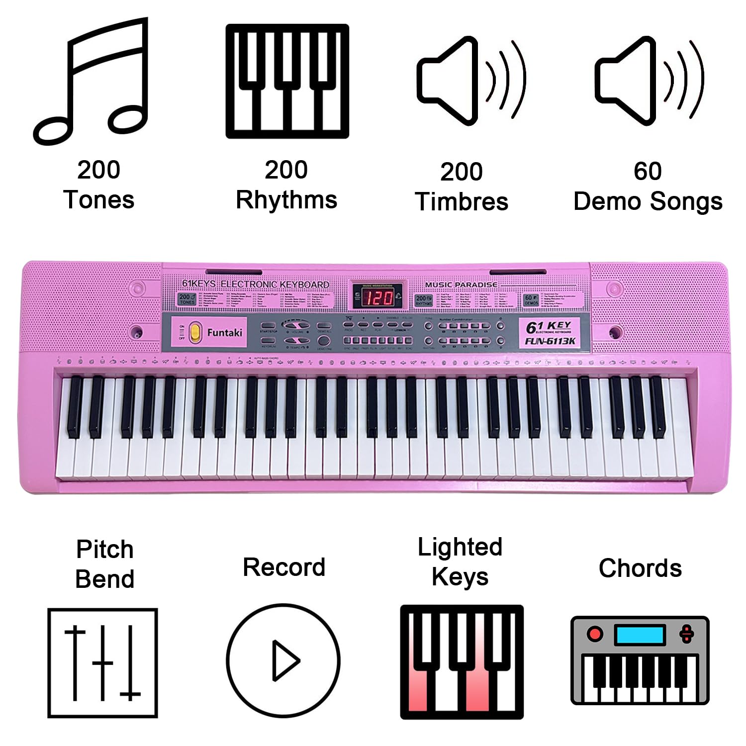 Portable 61-Keys Digital Piano, Electronic Keyboard Piano with Lighted Keys &amp; Music Stand, Mini Keyboard Piano for Beginners Kids Adults, Digital Keyboards, Black [NO Adapter]