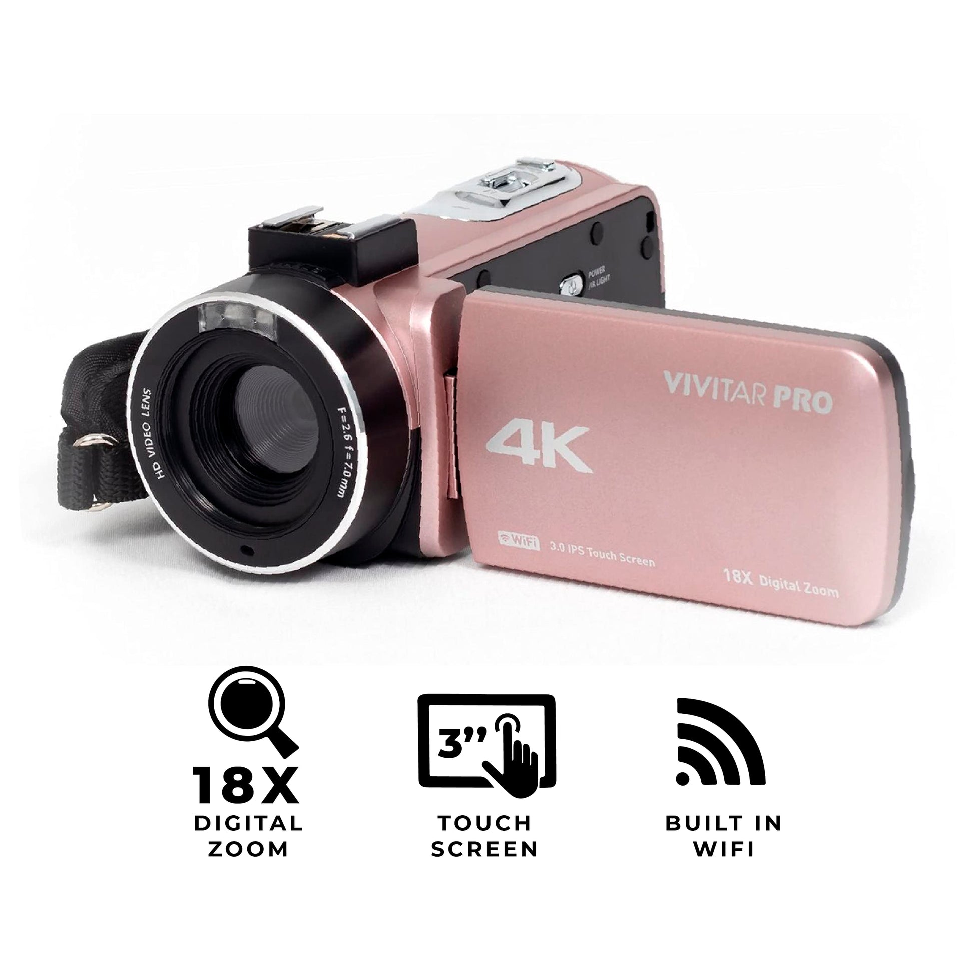 Vivitar 4K Video Camera, Wi-Fi Ultra HD Camcorder with 18x Digital Zoom, 3” IPS Touchscreen Video Recorder with Night Vision, Vlogging Camera with 3.5mm Microphone Jack, Rechargeable, SD Card Slot