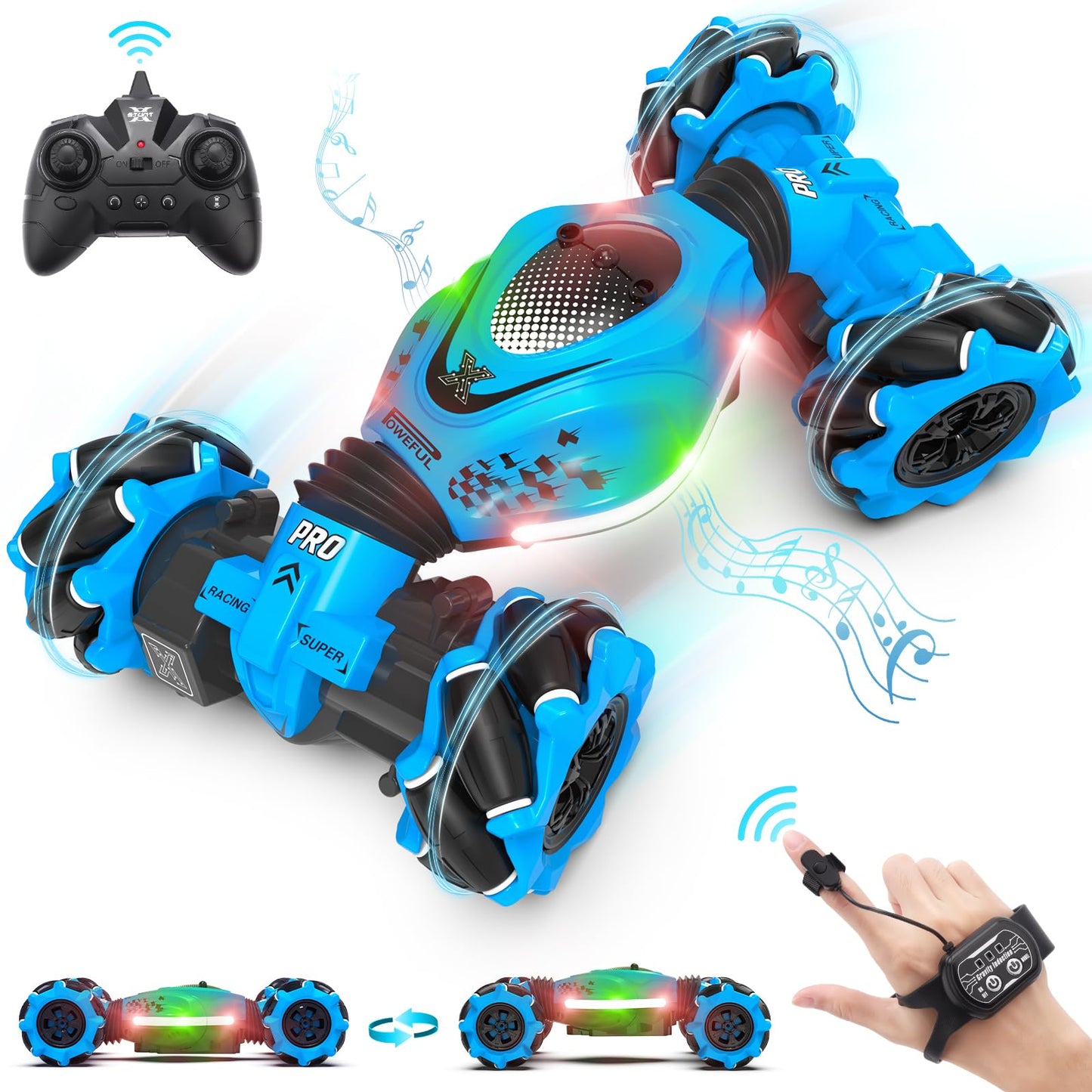 Pristar RC Car Toys for Boys Girls 6-12, Gesture Sensing RC Stunt Car 2.4Ghz 4WD Remote Control Car with Lights Music Double Sided Flip 360° Rotate Off-Road, Birthday Xmas Gifts for Kids Aged 6-12