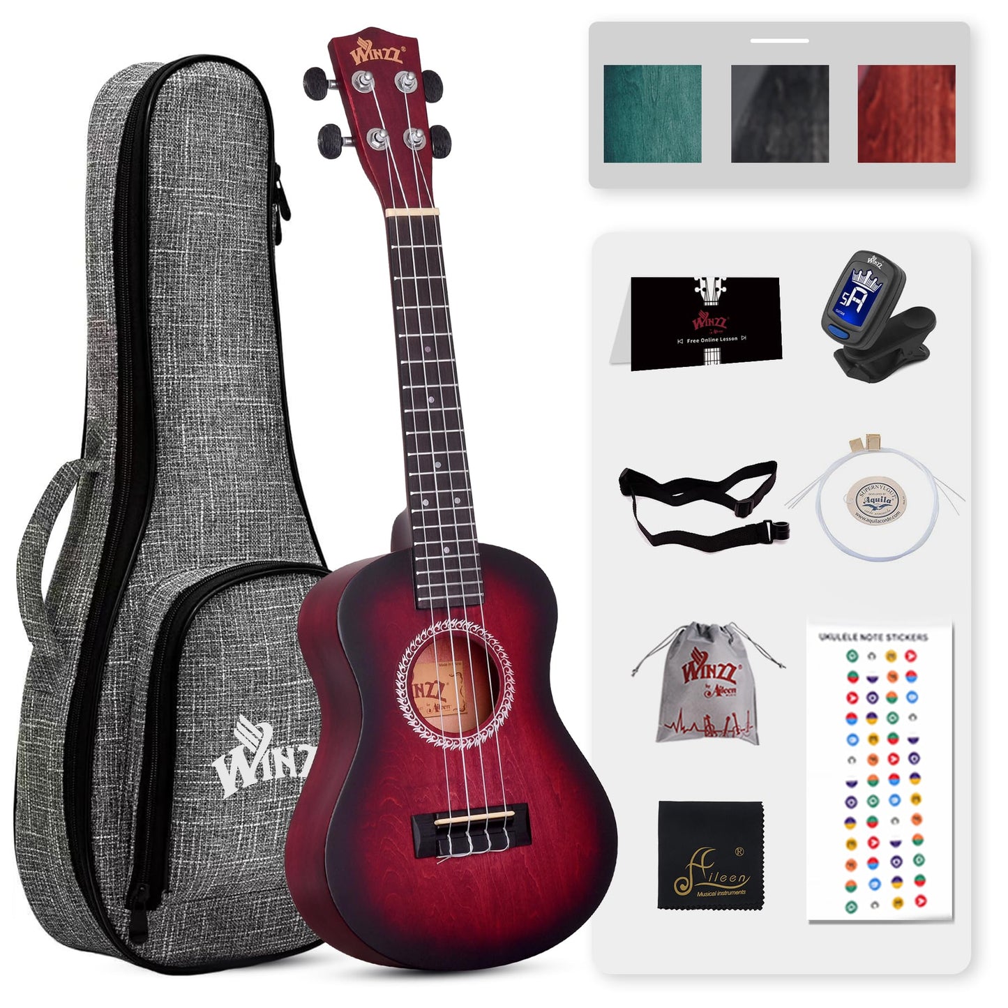 WINZZ HAND RUBBED Series - 21 Inches Soprano Ukulele Vintage Hawaiian Uke with Online Lessons, Bag, Tuner, Strap, Extra Strings, Fingerboard Sticker, Black