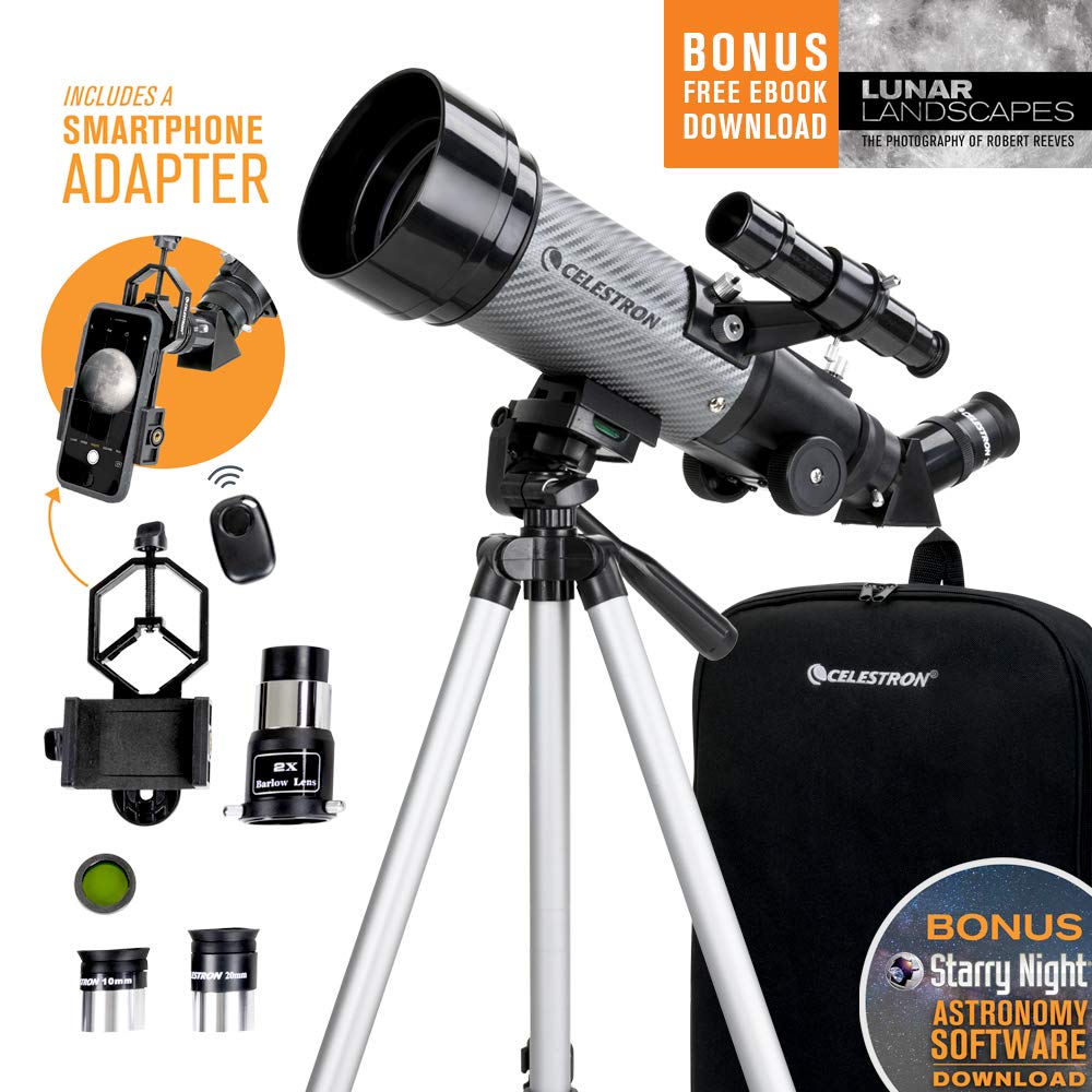 Celestron - 70mm Travel Scope DX - Portable Refractor Telescope - Fully-Coated Glass Optics - Ideal Telescope for Beginners - Bonus Astronomy Software Package - Digiscoping Smartphone Adapter