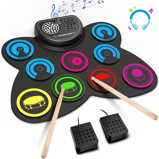 9-Pads Electronic Drum Set with Headphone Jack Speaker Drumsticks &amp; Pedals, Holiday Gifts for Kids