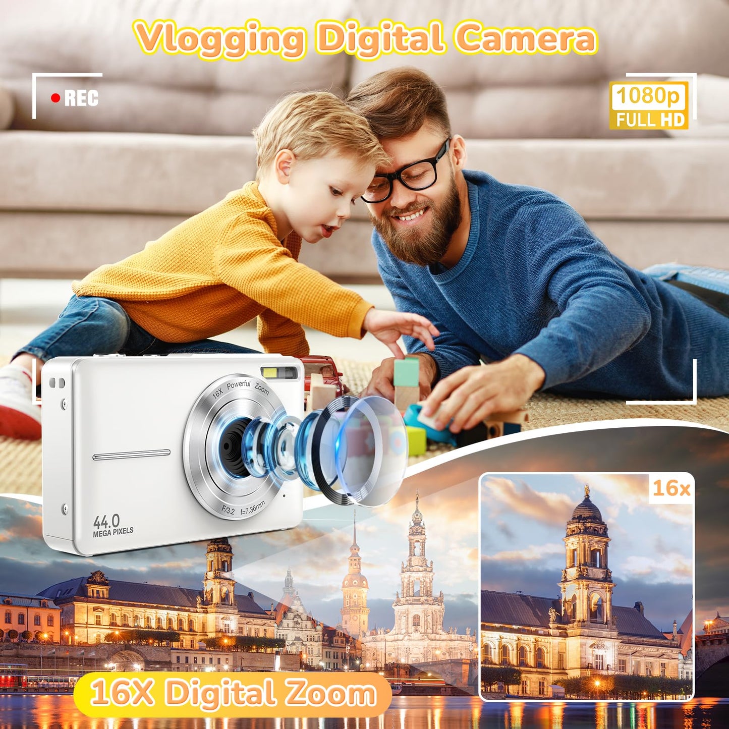 Digital Camera, 2024 Upgraded FHD 1080P Digital Camera for Kids with 16X Zoom, Flashlight, 32GB Card, 44MP Point and Shoot Camera Compact Small Selfie Camera for Girls, Boys, Teens, Students,Pink