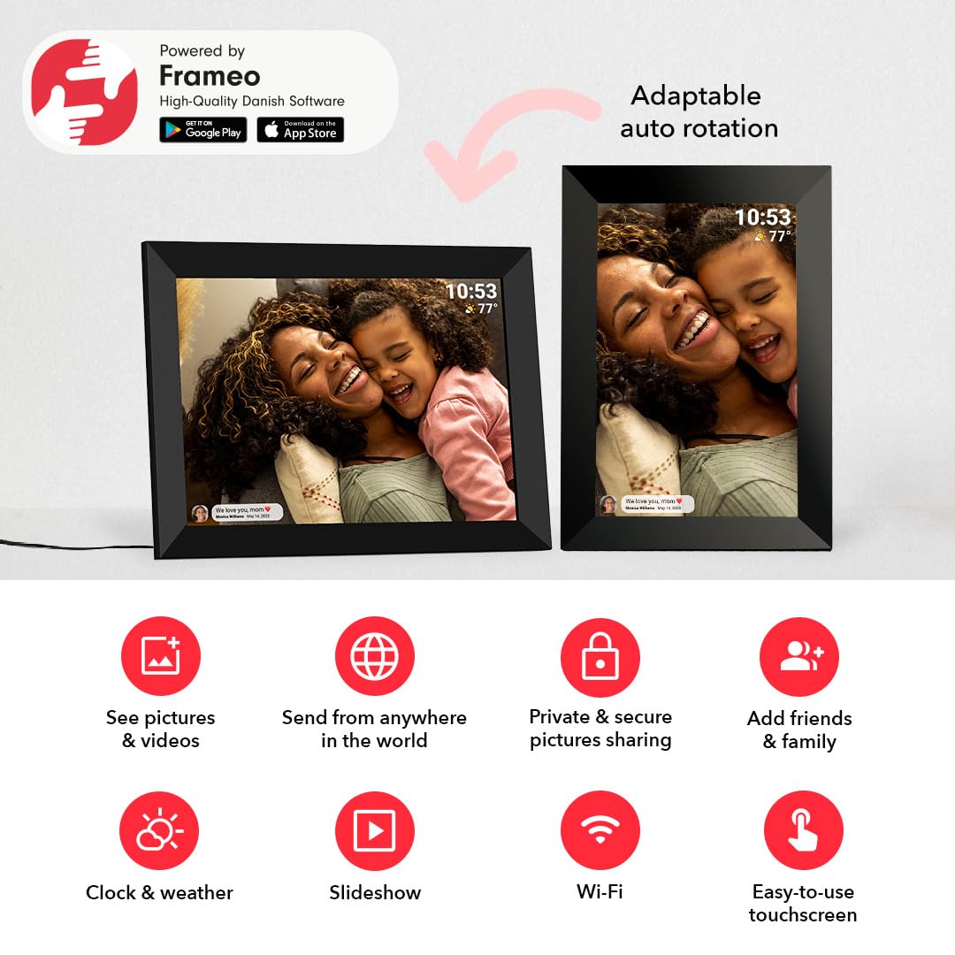 Frameo 10.1 Inch WiFi Digital Picture Frame with 1280 * 800P IPS Touch Screen HD Disply,Video Clips and Slide Show,Auto-Rotate, Wall Mountable,Send Photos Instantly from Anywhere with via Frameo APP