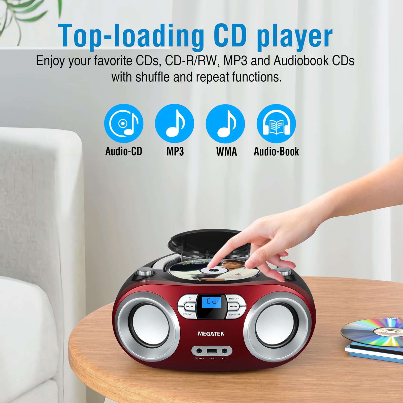 MEGATEK Portable CD Boombox with FM Stereo Radio, Bluetooth, USB Port, and Backlit LCD Display | CD-R/CD-RW/MP3-CD Compatible | AUX Input | Headphone Jack | Programmable CD Player - Black