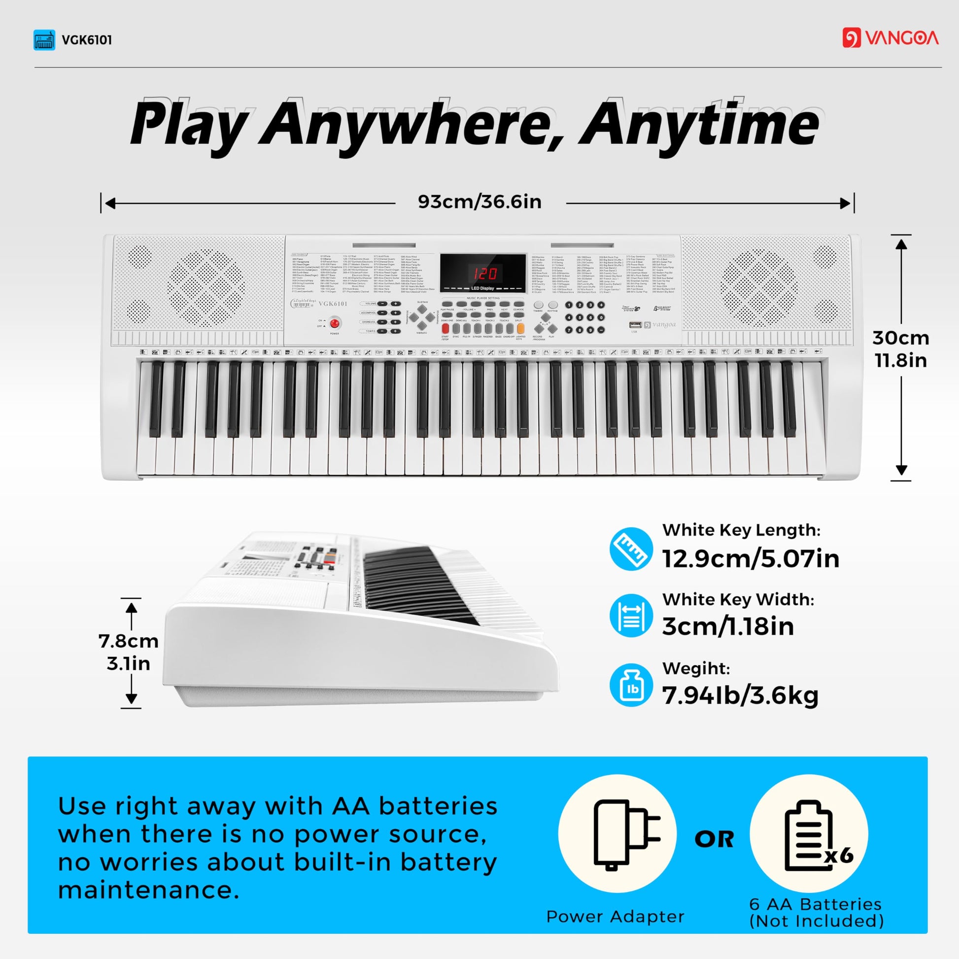 Vangoa 61-Key Light-Up Keyboard Piano for Beginners, 350 Tones &amp; Timbres, 3 Teaching Modes, With Microphone, Black