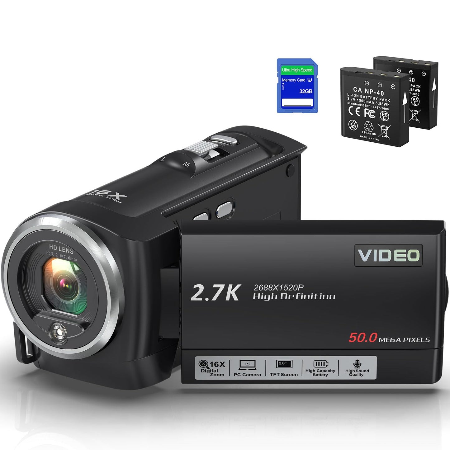 Video Camera Camcorder, QHD 2.7K Camcorder 50MP 16X Digital Video Camera for YouTube, 2.8'' 270 Degree Rotation Screen Video Recorder Vlogging Camera with 32GB Card and Two Batteries