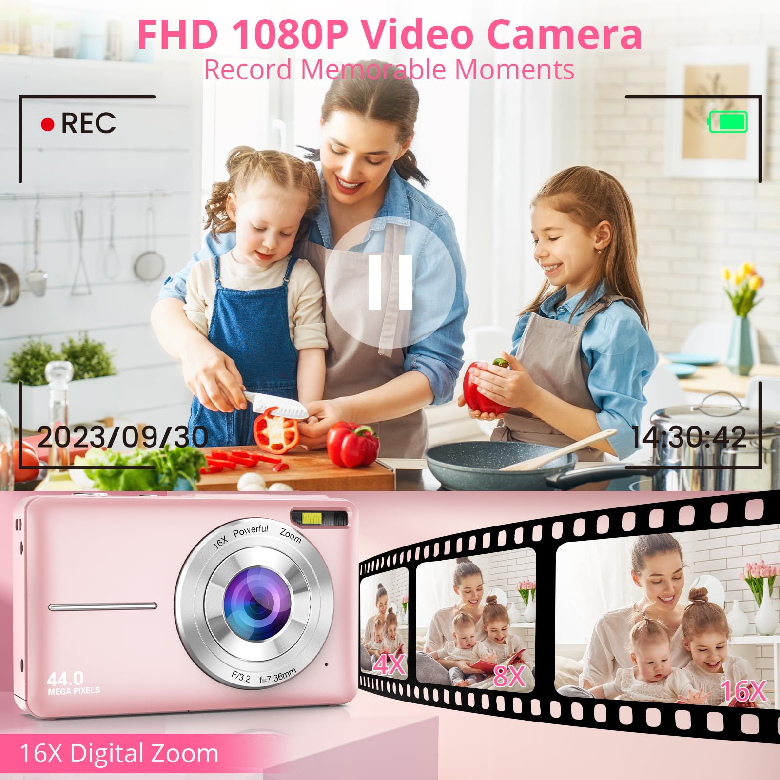 Toberto Digital Camera, FHD 1080P Digital Camera for Kids with 16X Zoom Anti Shake, Flashlight, 44MP Point and Shoot Camera Compact Small Digital Camera for Teens, Girls, Boys, Students - Pink