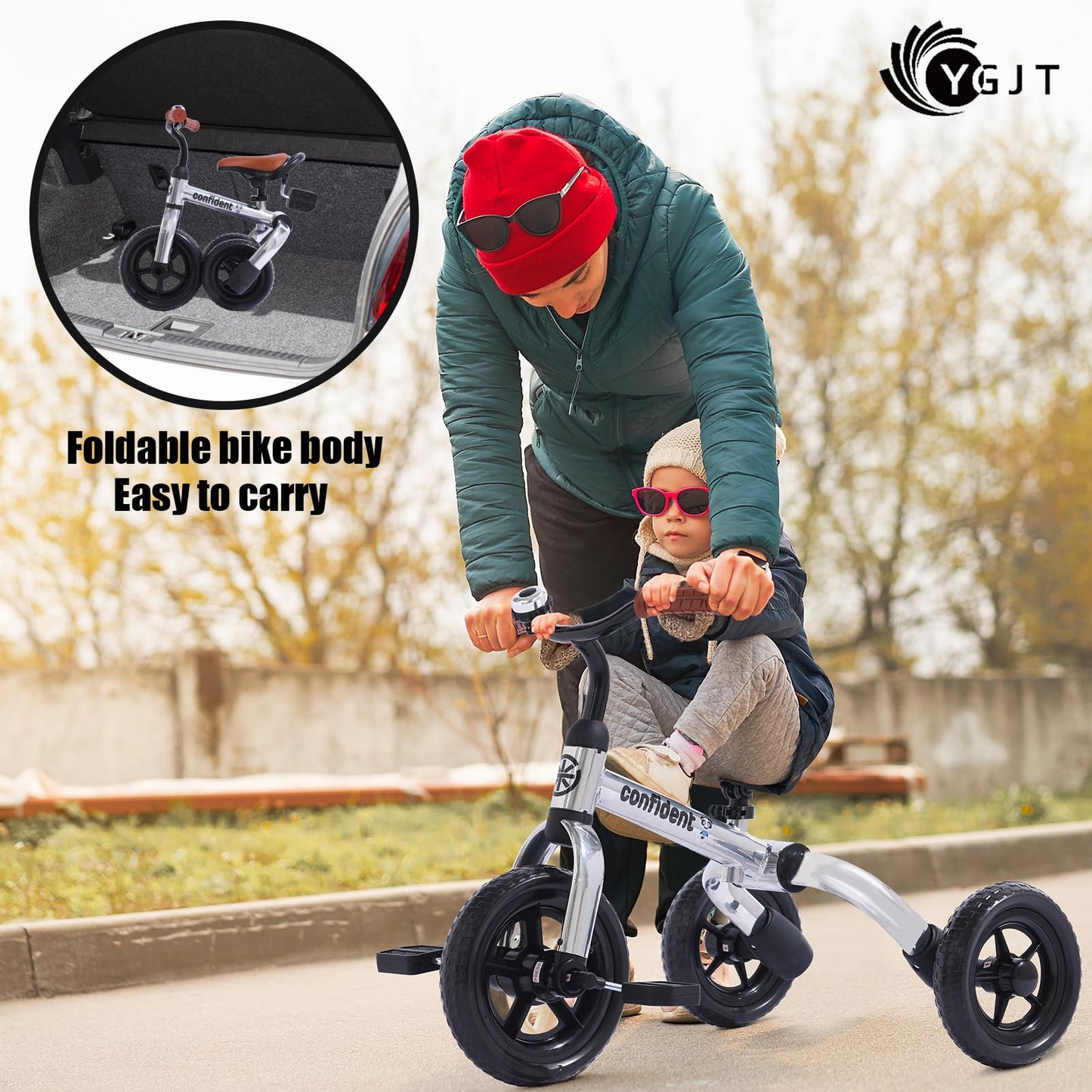 YGJT 3 in 1 Tricycle for Toddlers Age 2-5 Years Old, Folding Kids Balance Bike with Adjustable Seat and Removable Pedal, Toddler Bike Ride-on Toys for Infant, Gifts for Baby Boys Girls(Army Green)