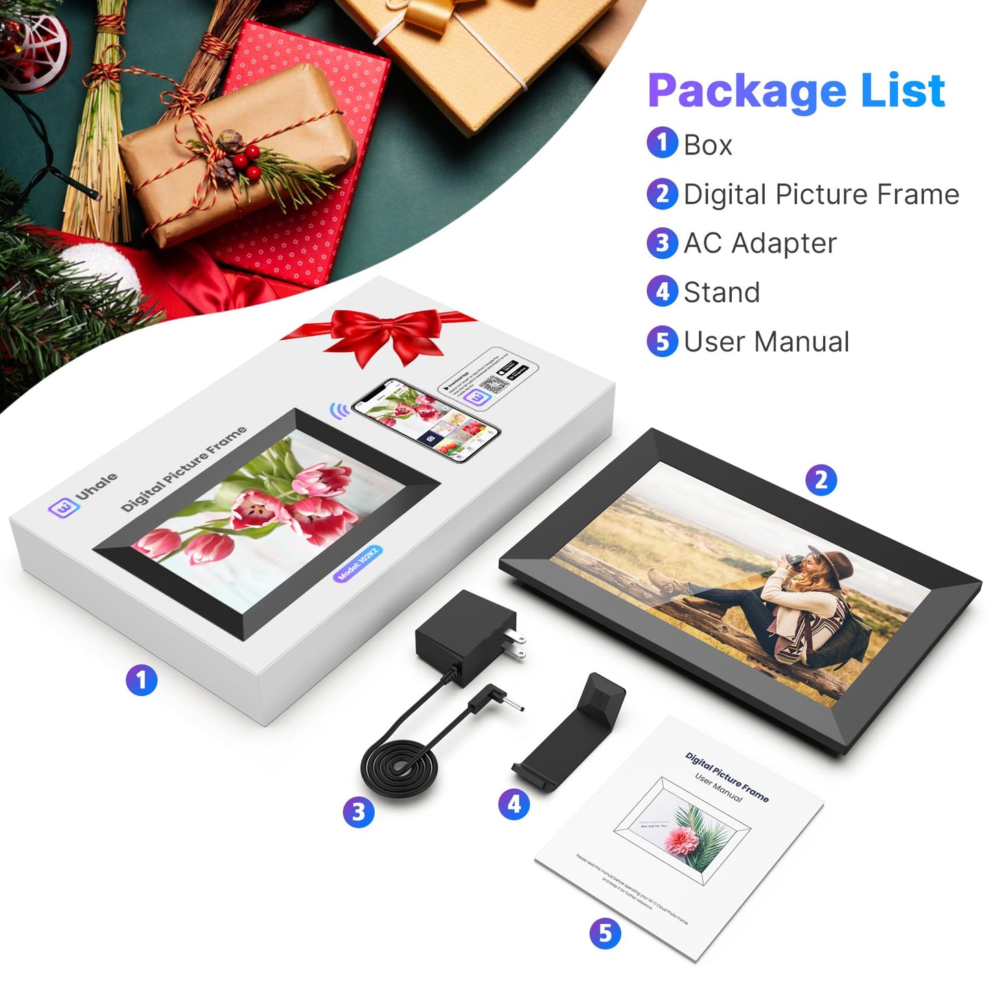 MaxAngel Digital Picture Frame 32GB Storage 10.1 Inch WiFi Electronic Photo Frame SD Card Slot IPS Touch Screen HD Display Auto-Rotate Slideshow Share Videos Photos Send Wishes via Uhale Remotely