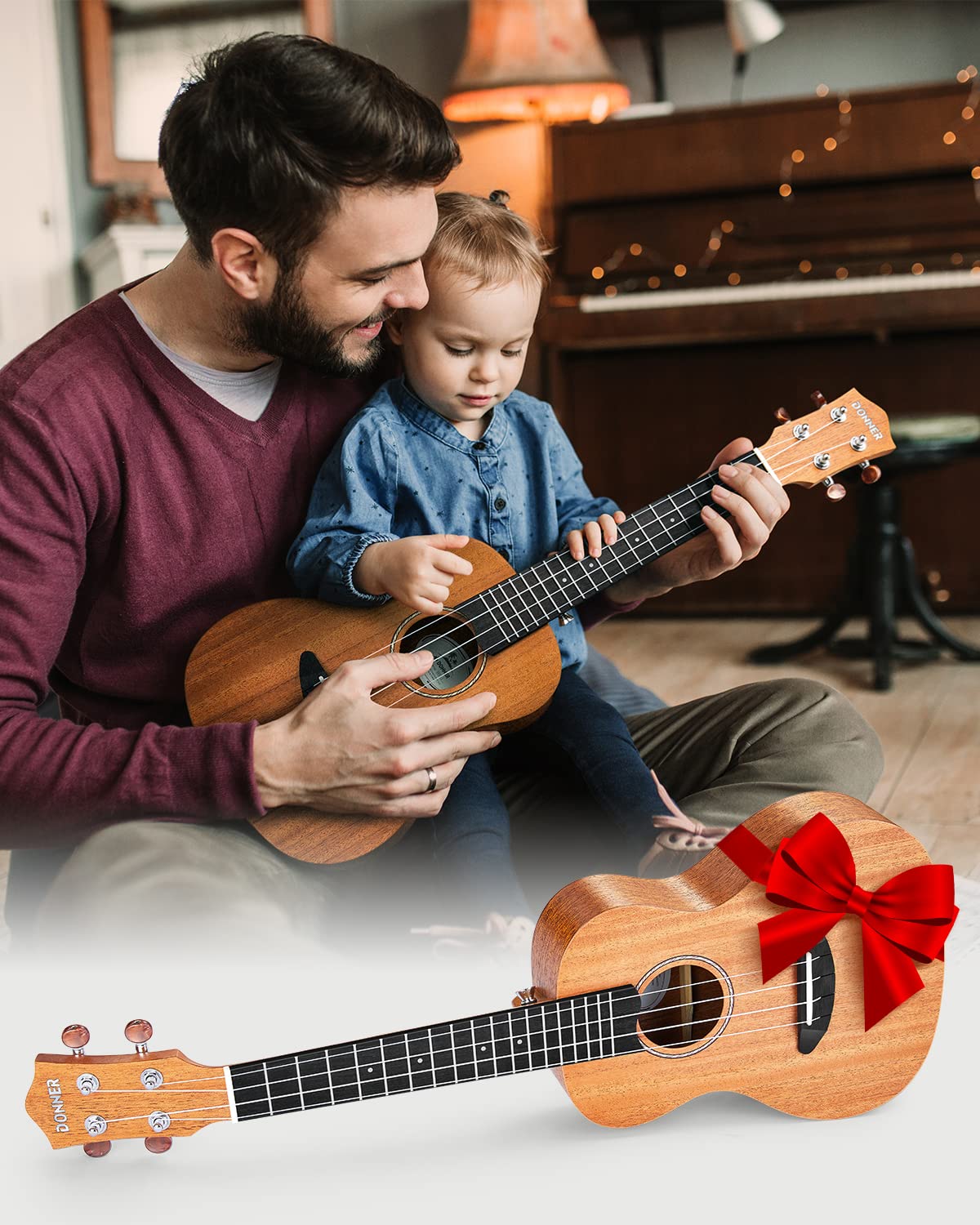 Donner Soprano Ukulele Mahogany Wood 21 inch Ukelele Beginner Kit with Free Online Lesson Gig Bag Strap Nylon String Tuner Picks Ukalalee Yukalalee Bundle Pack DUS-200