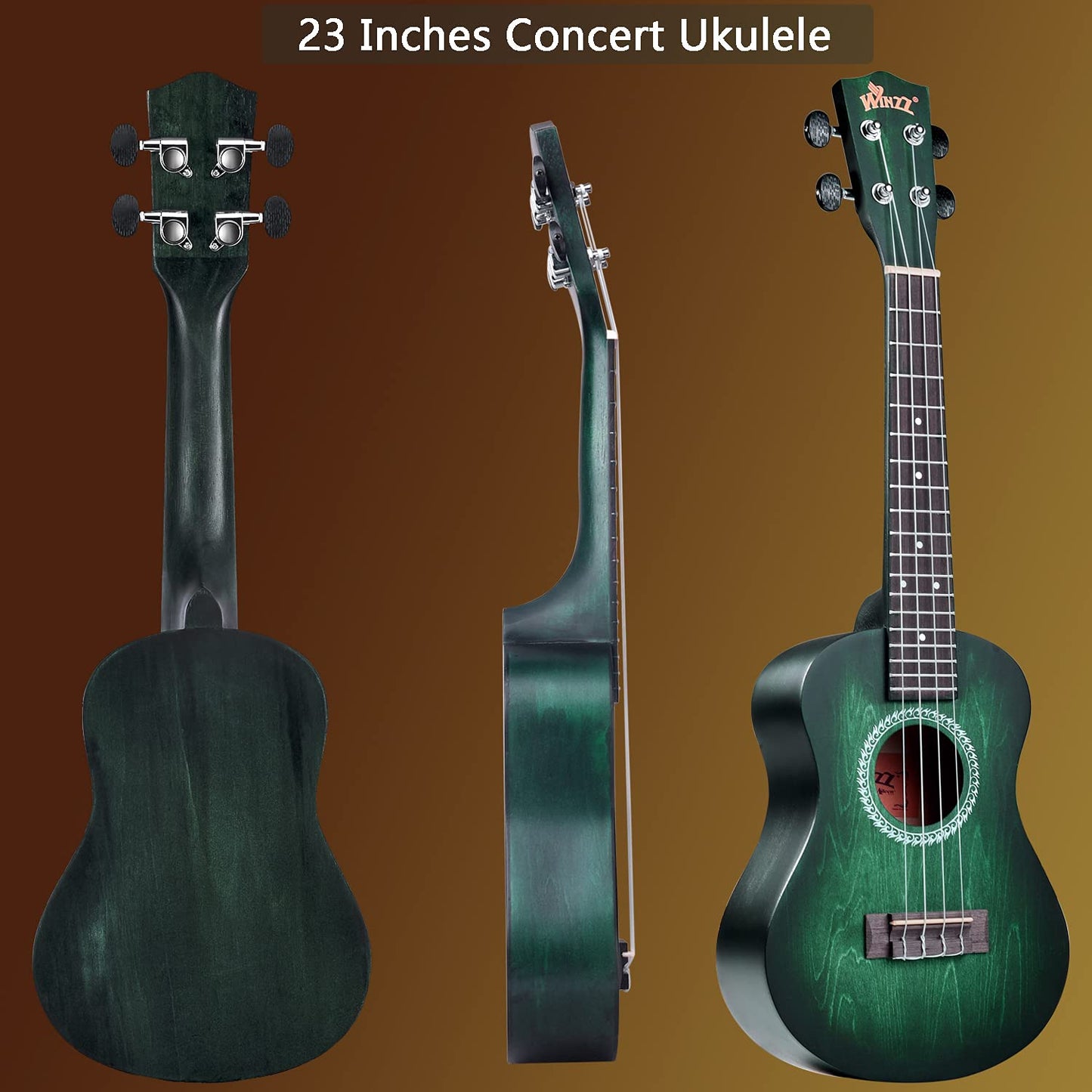 WINZZ HAND RUBBED Series - 21 Inches Soprano Ukulele Vintage Hawaiian Uke with Online Lessons, Bag, Tuner, Strap, Extra Strings, Fingerboard Sticker, Black