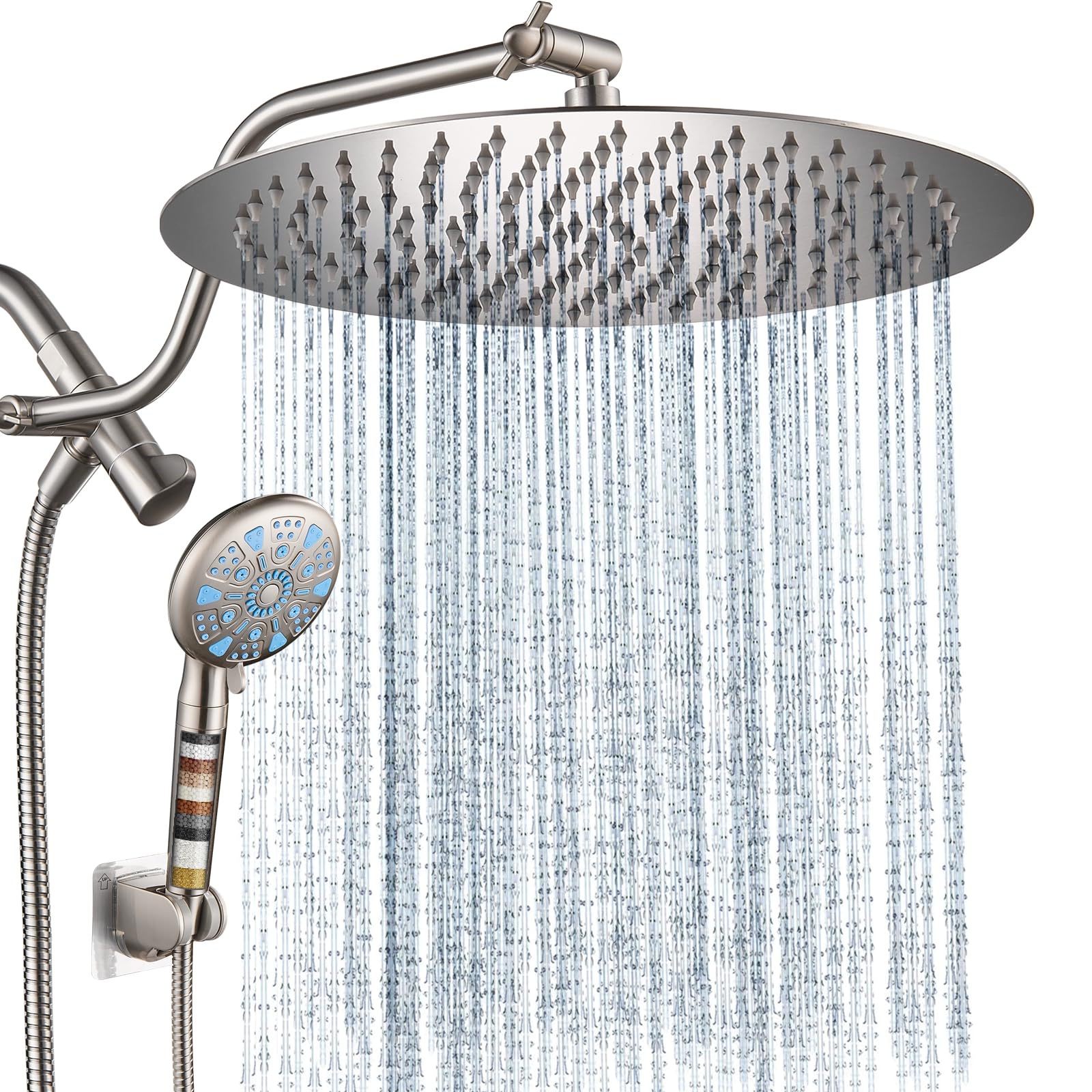 Cobbe 12 Inch All Metal Rain Shower Head, Dual Shower Heads with Handheld Spray Combo - Upgrade Extension Arm Height Adjustable - 9 Spray Filtered Shower Head, Brushed Nickel