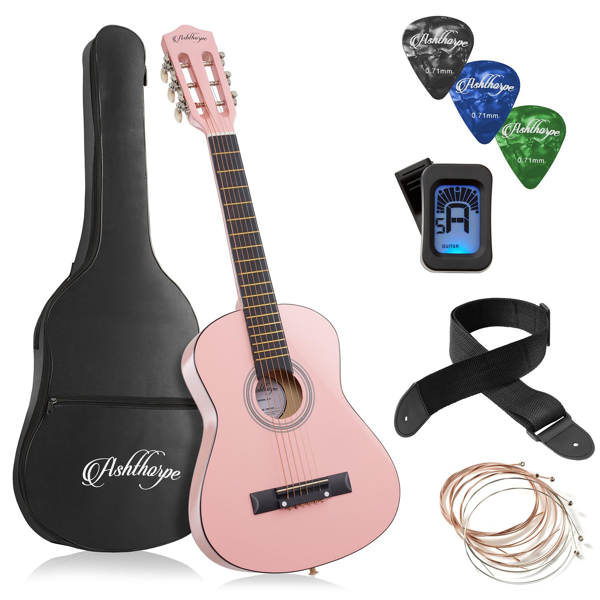 Ashthorpe 30-inch Beginner Acoustic Guitar Package (Black), Basic Starter Kit w/Gig Bag, Strings, Strap, Tuner, Picks