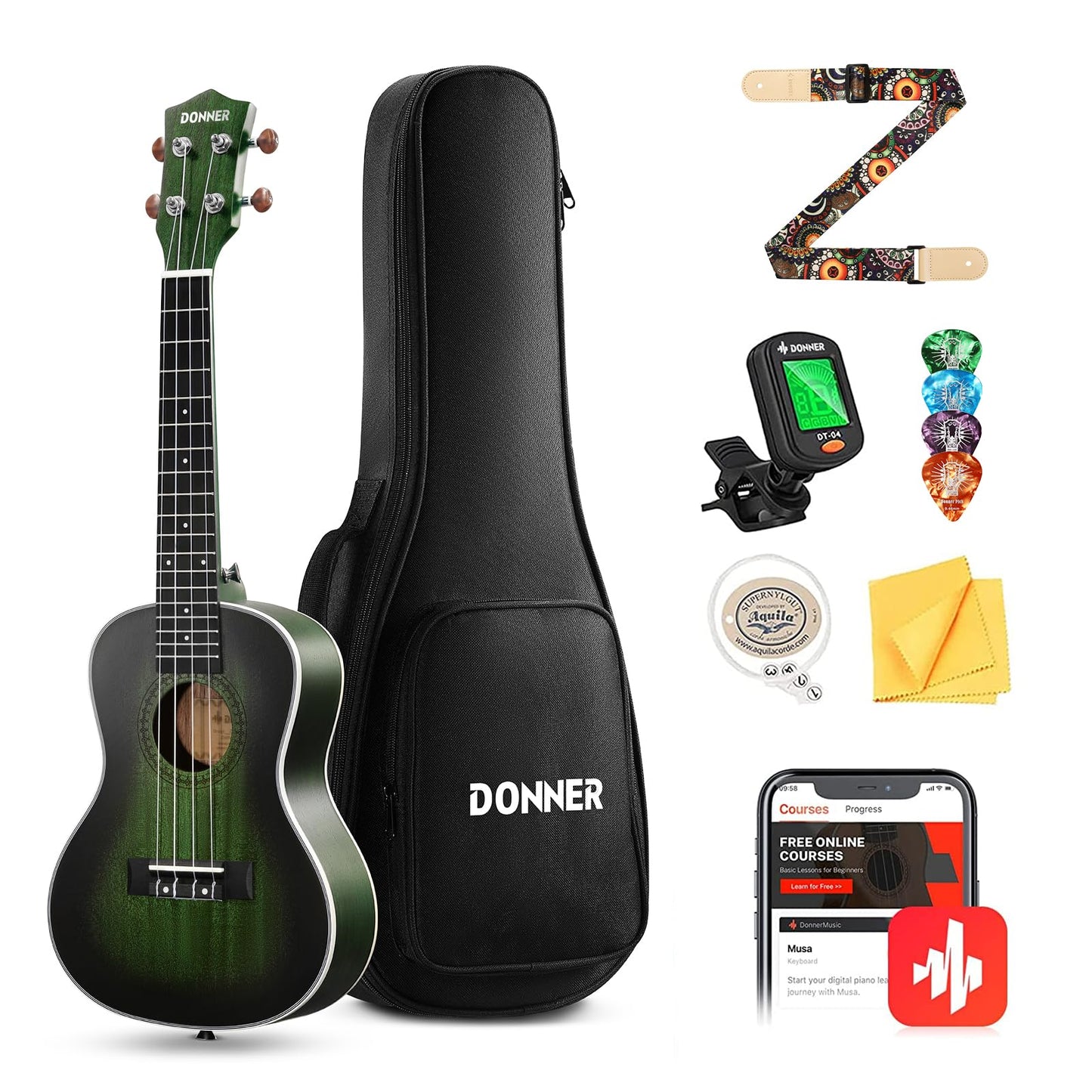 Donner Soprano Ukulele Mahogany Wood 21 inch Ukelele Beginner Kit with Free Online Lesson Gig Bag Strap Nylon String Tuner Picks Ukalalee Yukalalee Bundle Pack DUS-200