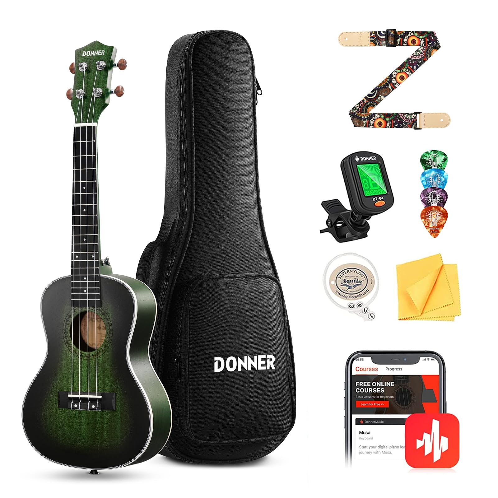 Donner Soprano Ukulele Mahogany Wood 21 inch Ukelele Beginner Kit with Free Online Lesson Gig Bag Strap Nylon String Tuner Picks Ukalalee Yukalalee Bundle Pack DUS-200