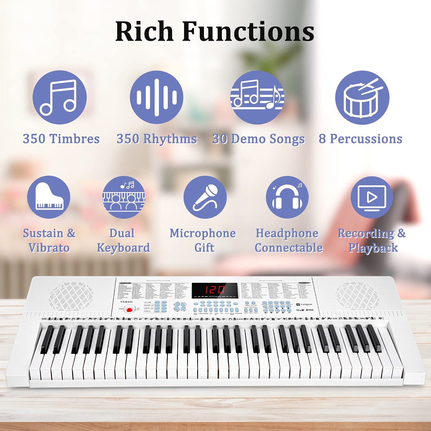 Vangoa 61-Key Light-Up Keyboard Piano for Beginners, 350 Tones &amp; Timbres, 3 Teaching Modes, With Microphone, Black