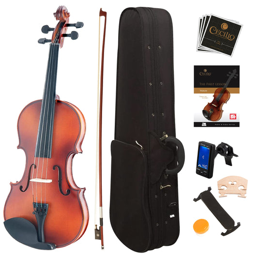 Mendini By Cecilio Violin For Kids &amp; Adults - 1/2 MV300 Satin Antique Violins, Student or Beginners Kit w/Case, Bow, Extra Strings, Tuner, Lesson Book - Stringed Musical Instruments