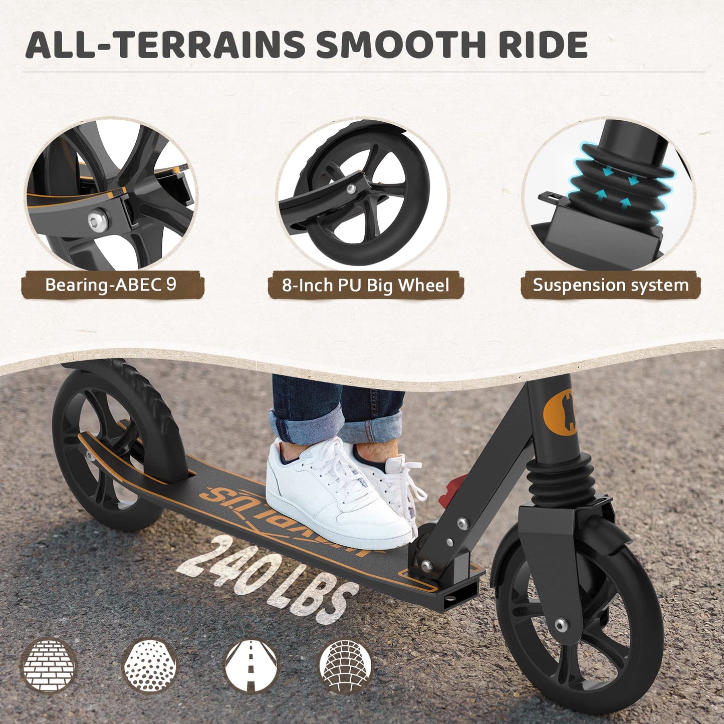 Kick Scooter for Ages 6+,Kid, Teens &amp; Adults. Max Load 240 LBS. Foldable, Lightweight, 8IN Big Wheels for Kids, Teen and Adults, 4 Adjustable Levels. Bearing ABEC9